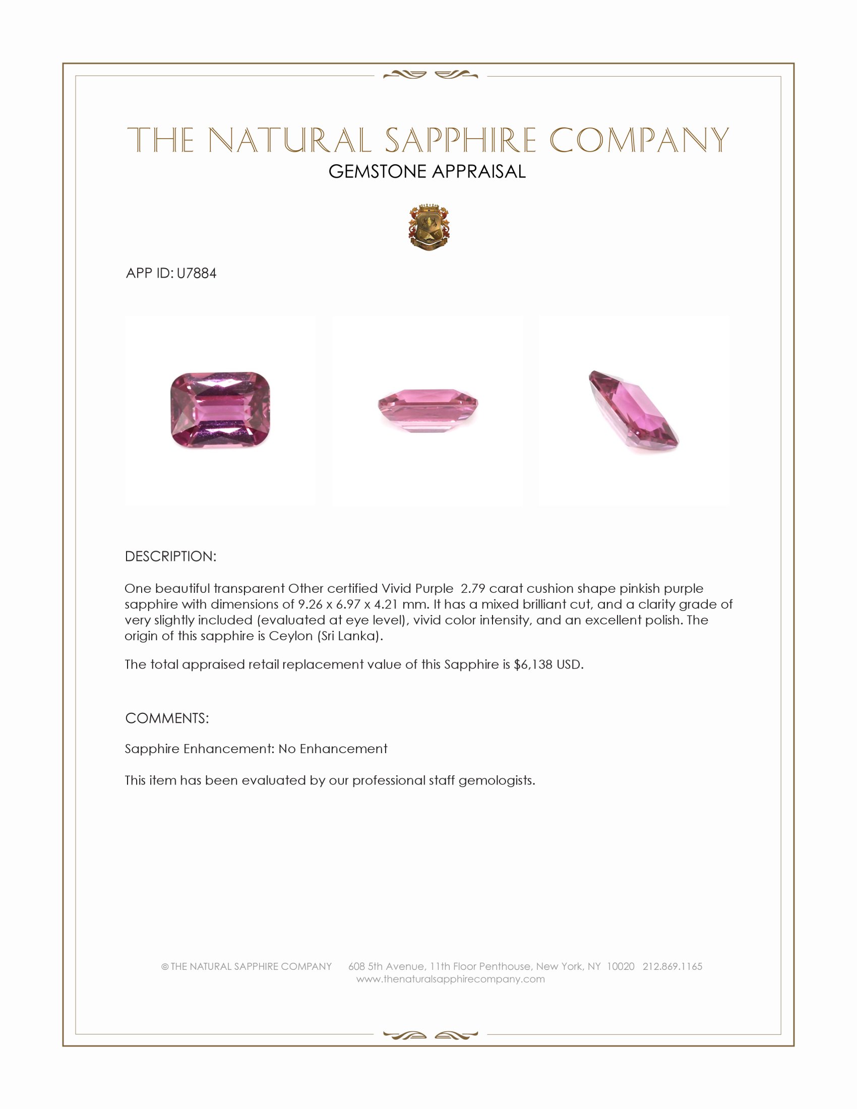 2.79 Ct. Pinkish Purple Sapphire from Ceylon (Sri Lanka)