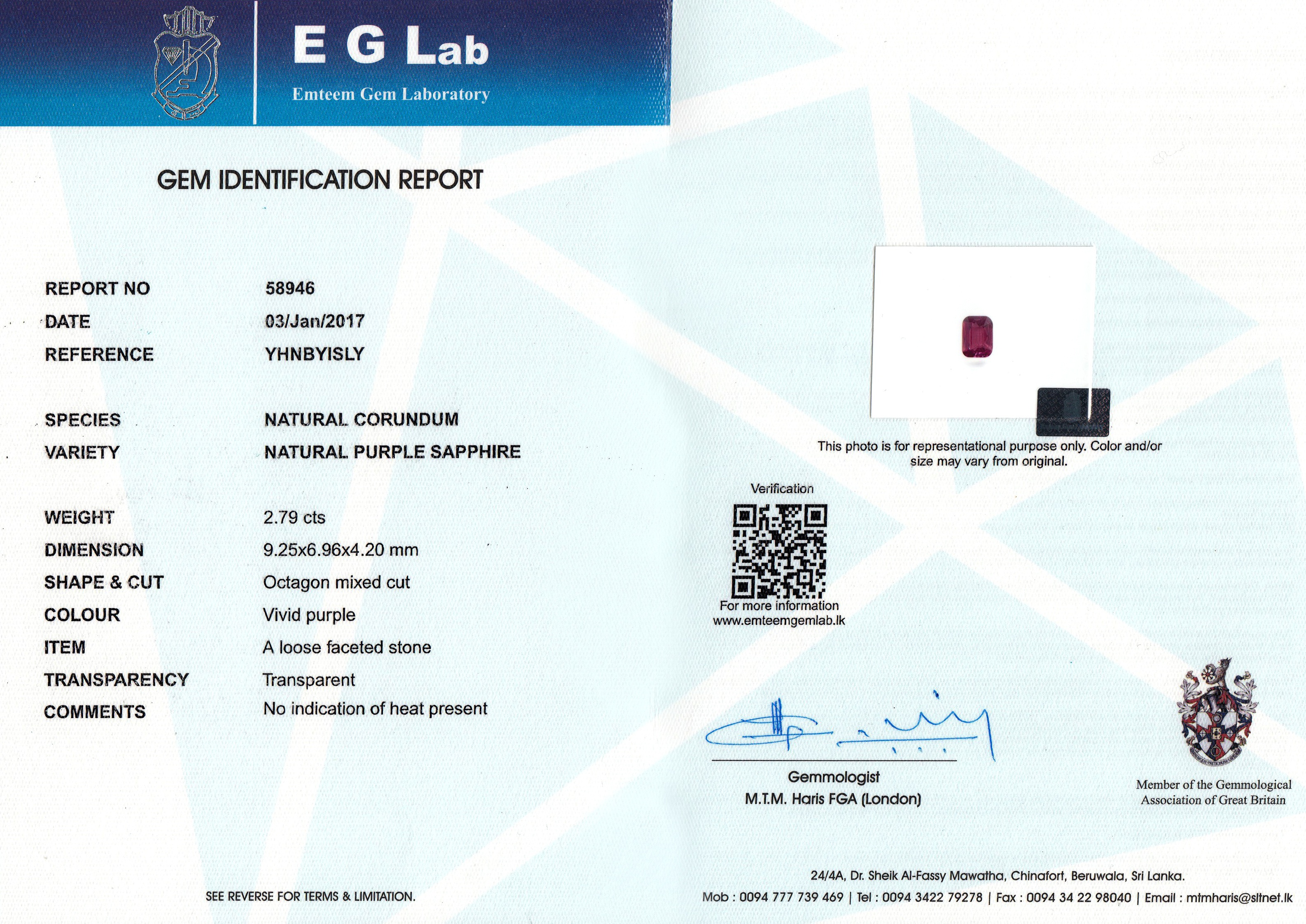 2.79 Ct. Pinkish Purple Sapphire from Ceylon (Sri Lanka)