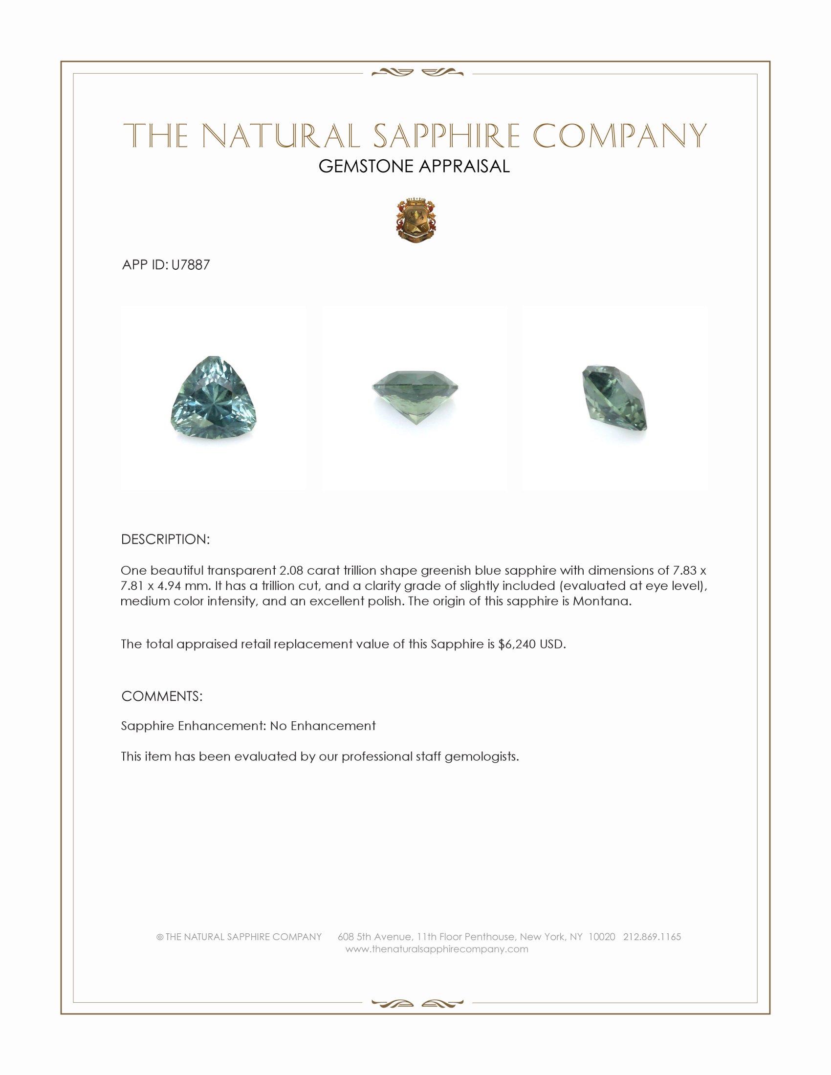 2.08 Ct. Greenish Blue Sapphire from Montana