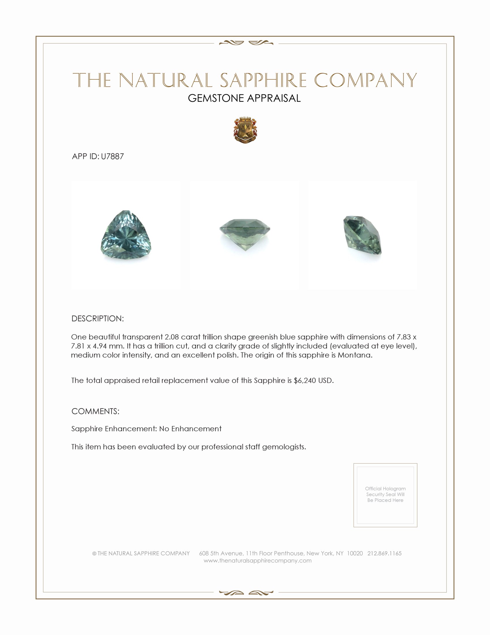 2.08 Ct. Greenish Blue Sapphire from Montana
