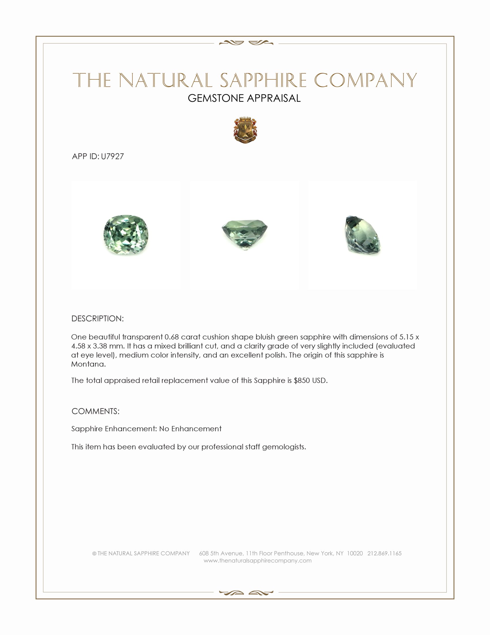 0.68 Ct. Bluish Green Sapphire from Montana