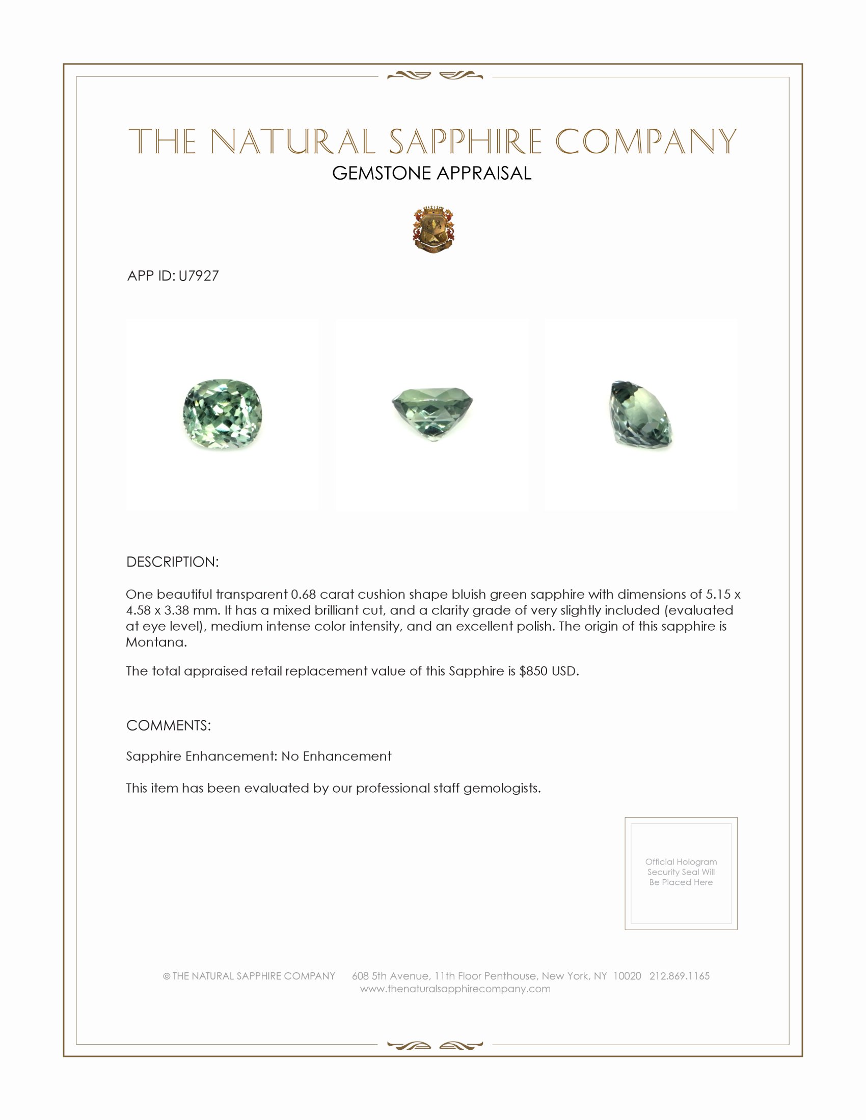 0.68 Ct. Bluish Green Sapphire from Montana