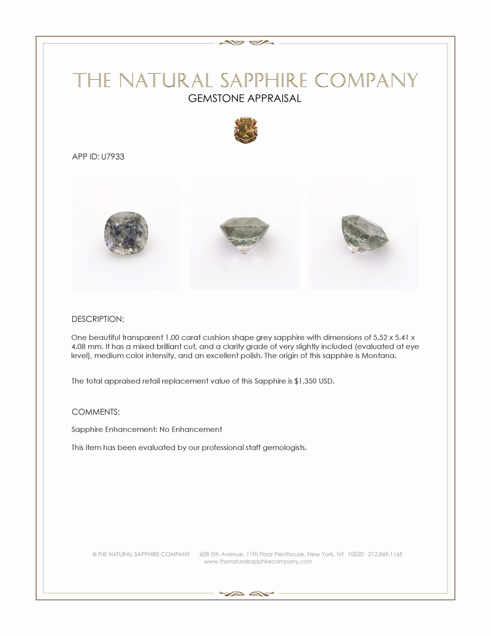 1.00 Ct. Grey Sapphire from Montana