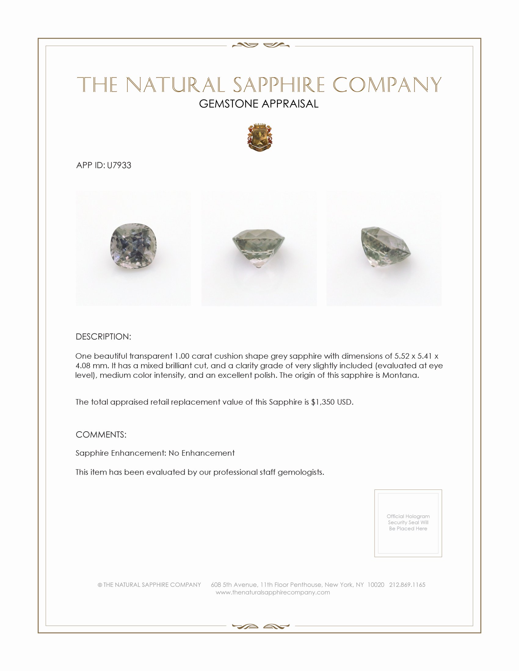 1.00 Ct. Grey Sapphire from Montana