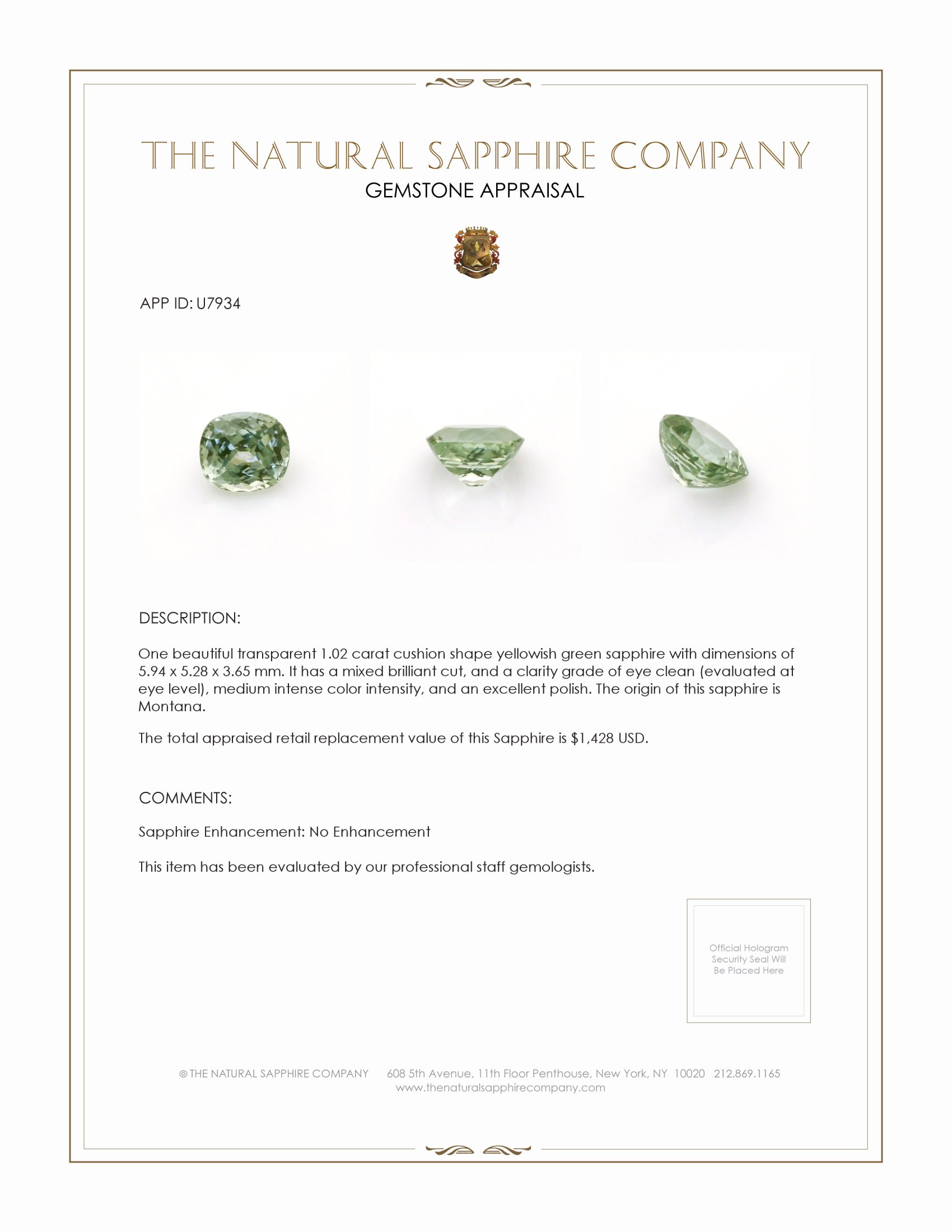 1.02 Ct. Yellowish Green Sapphire from Montana