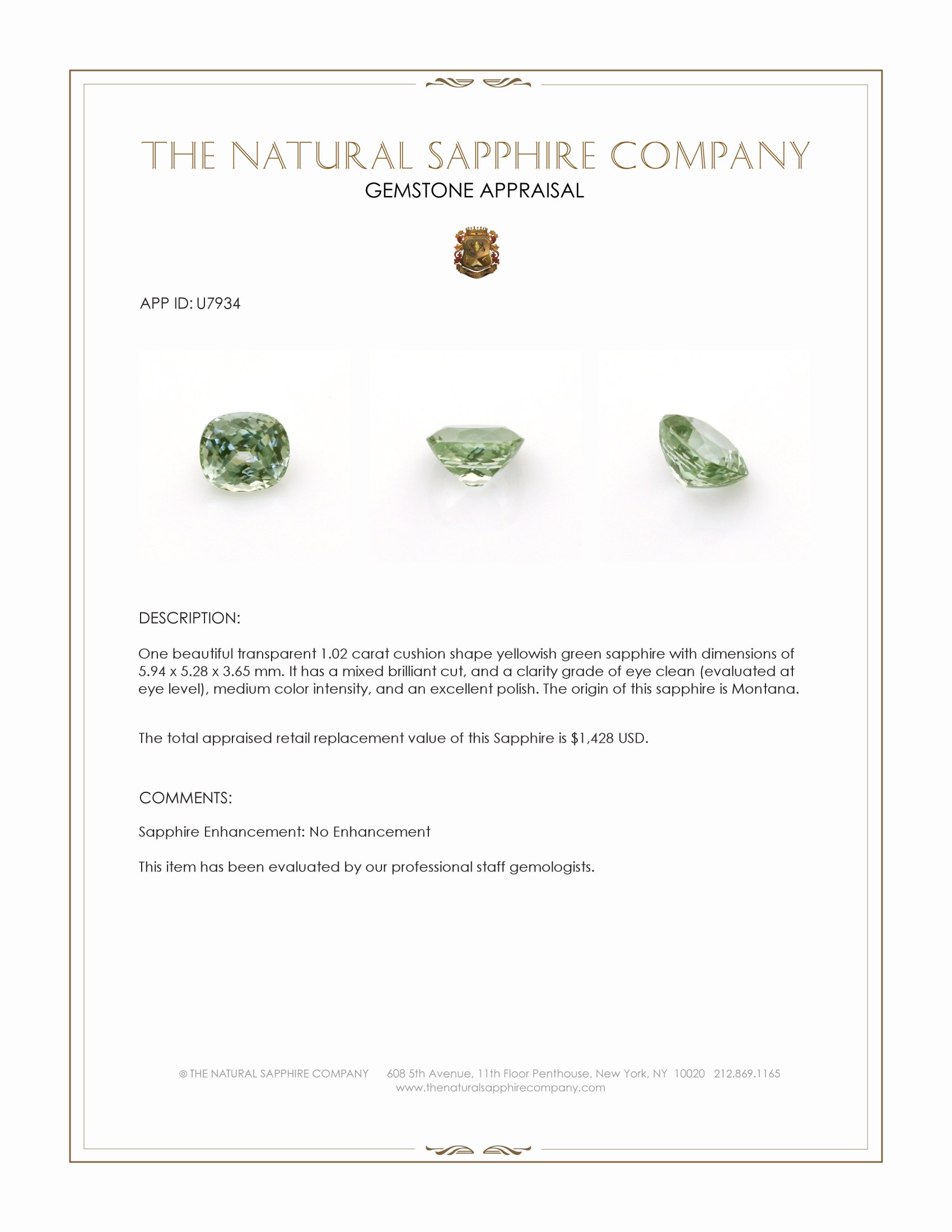 1.02 Ct. Yellowish Green Sapphire from Montana