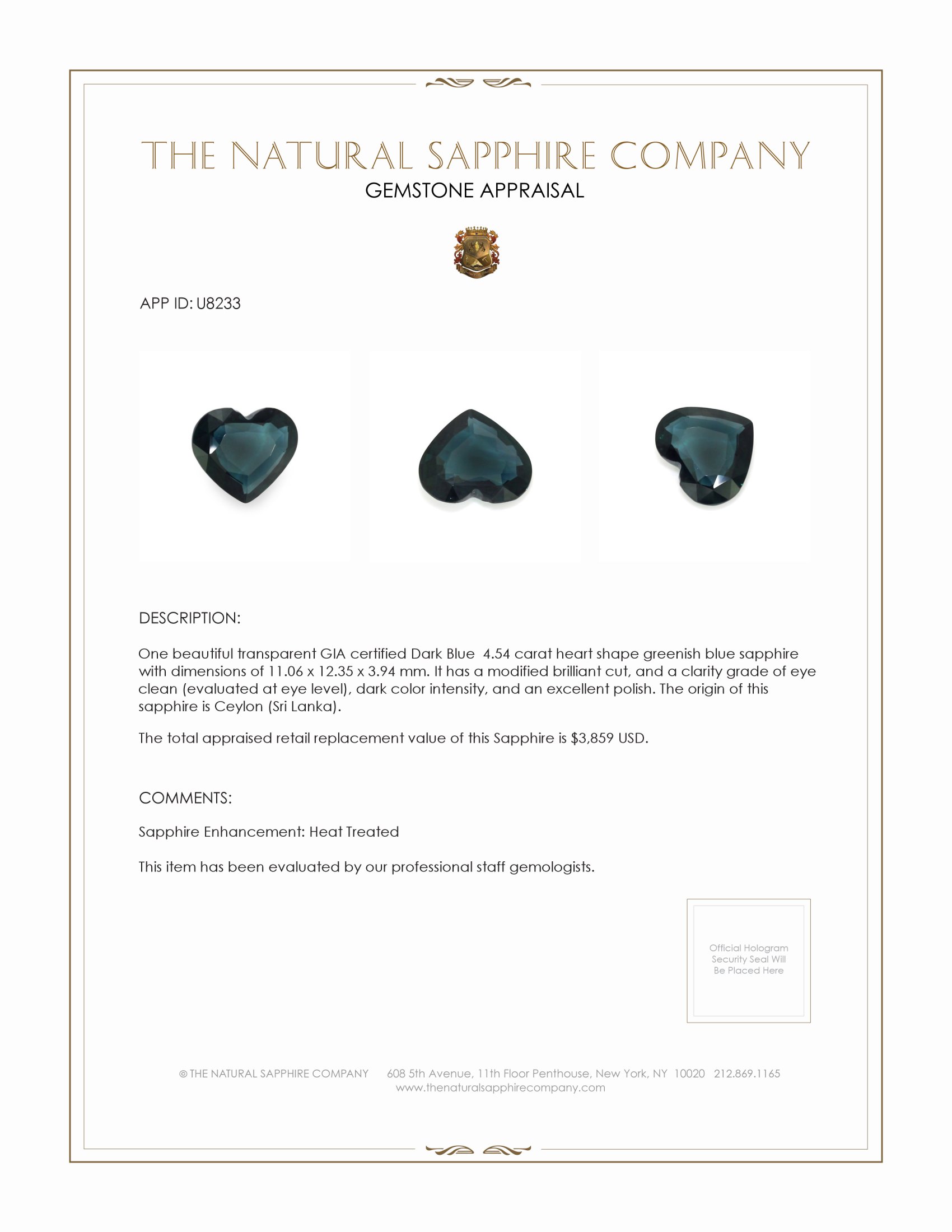 4.54 Ct. Greenish Blue Sapphire from Ceylon (Sri Lanka)