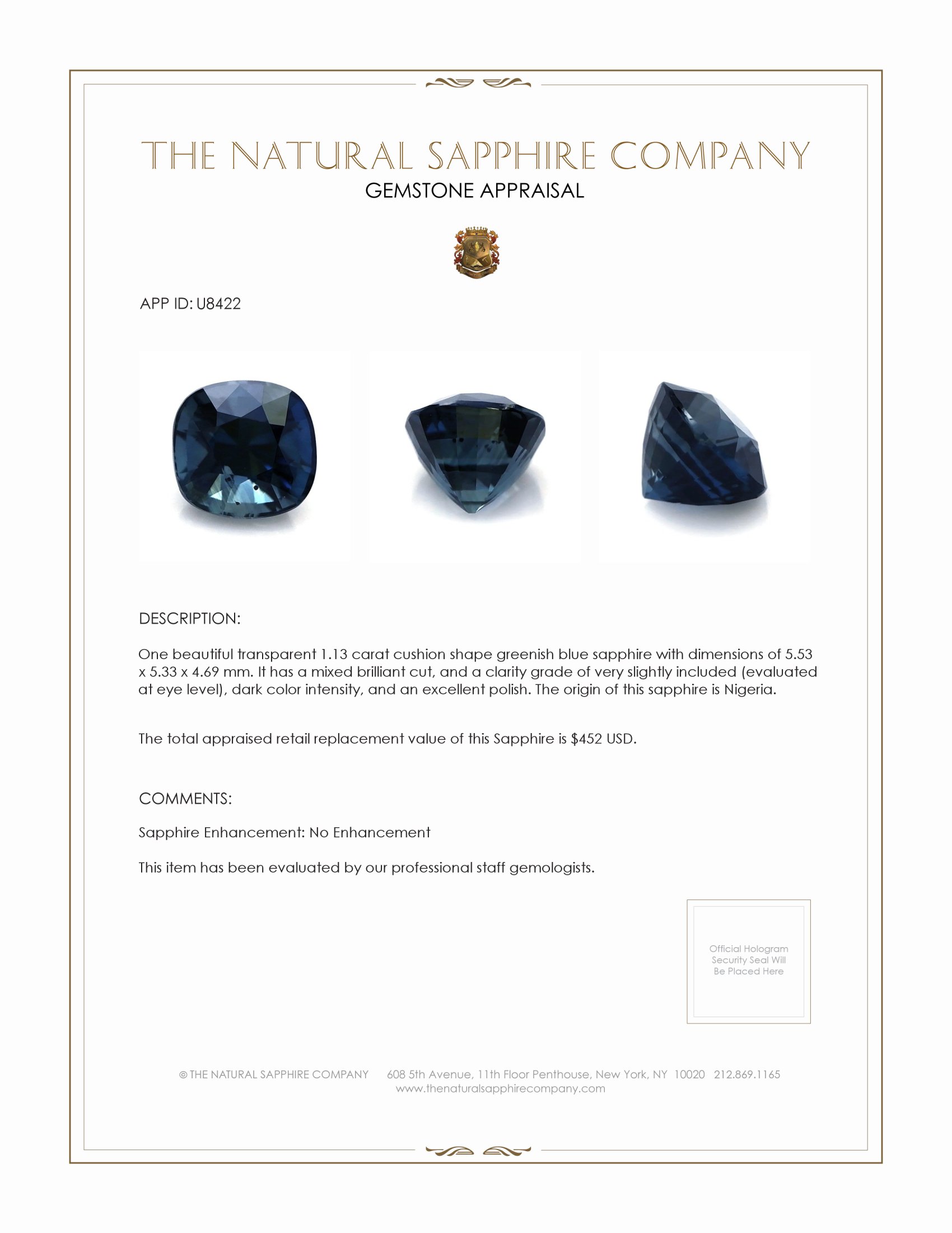 1.13 Ct. Greenish Blue Sapphire from Nigeria