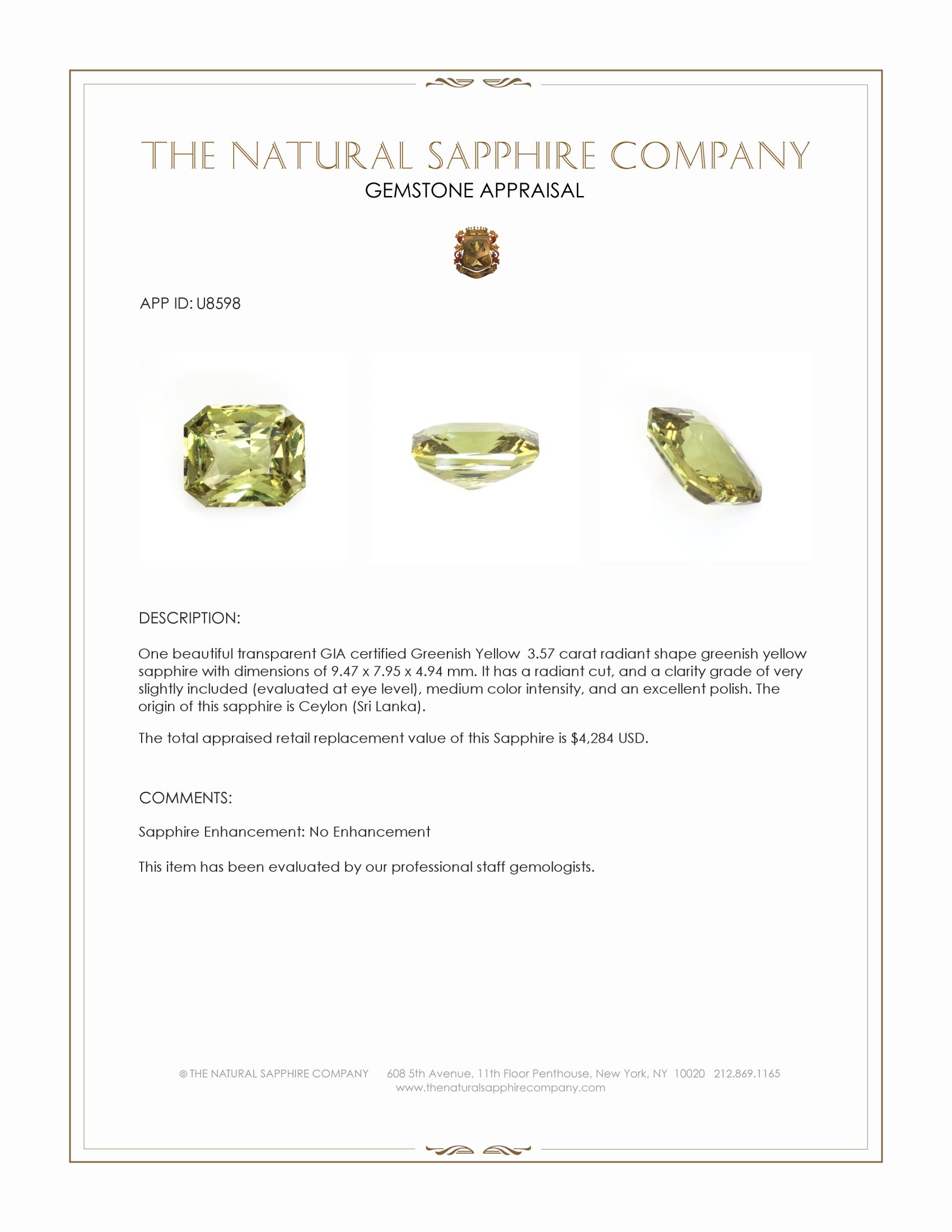 3.57 Ct. Greenish Yellow Sapphire from Ceylon (Sri Lanka)