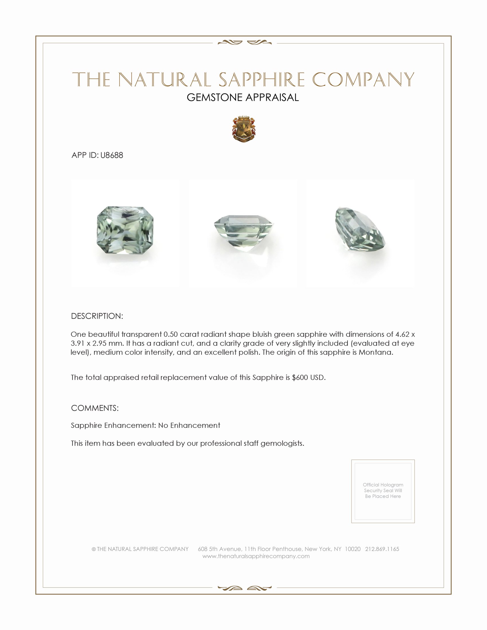 0.50 Ct. Bluish Green Sapphire from Montana