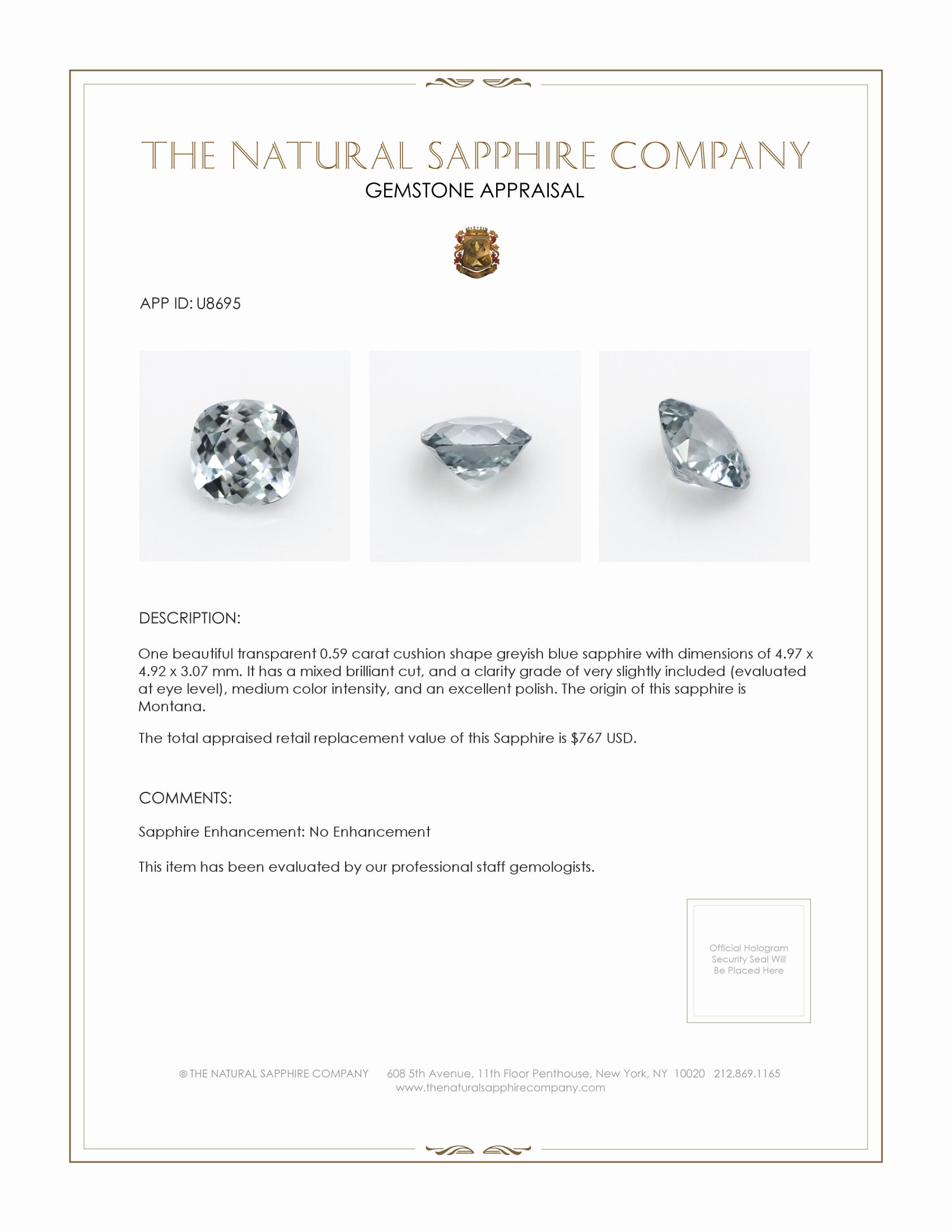 0.59 Ct. Greyish Blue Sapphire from Montana