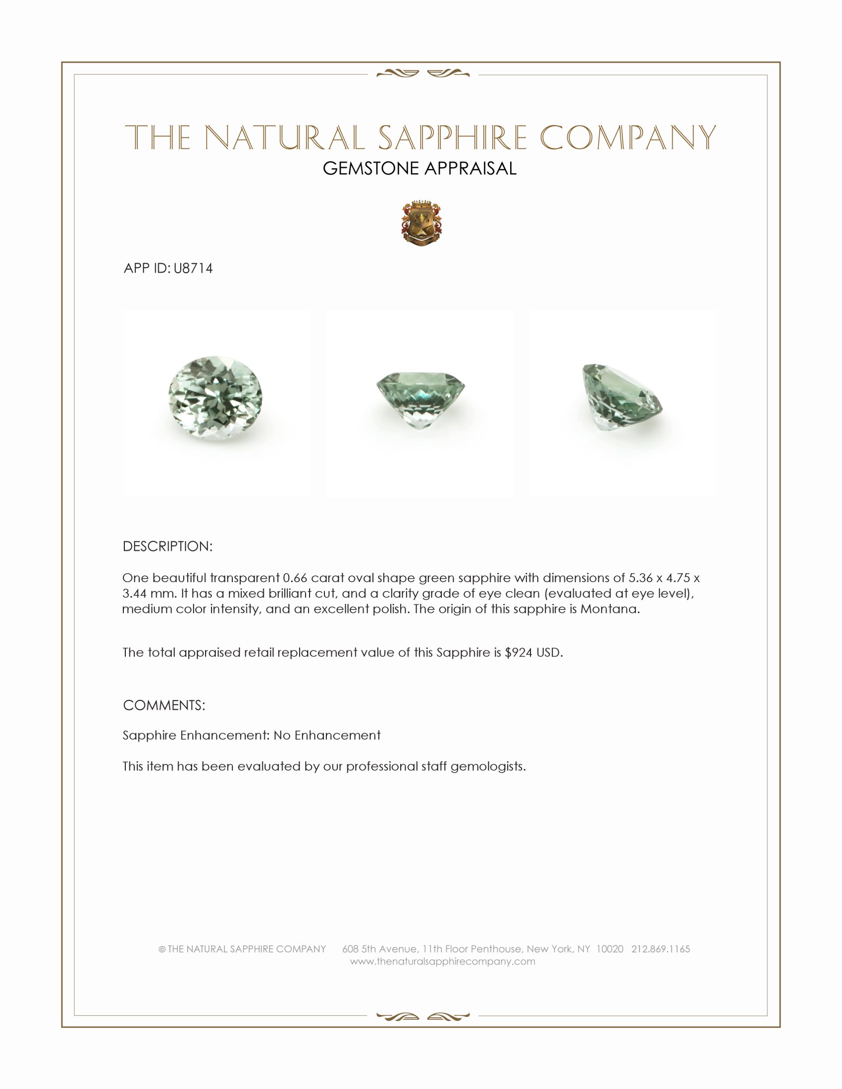 0.66 Ct. Green Sapphire from Montana