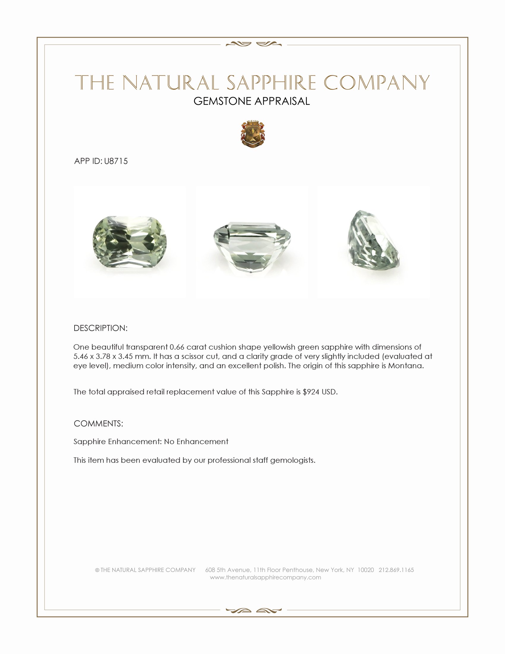 0.66 Ct. Yellowish Green Sapphire from Montana