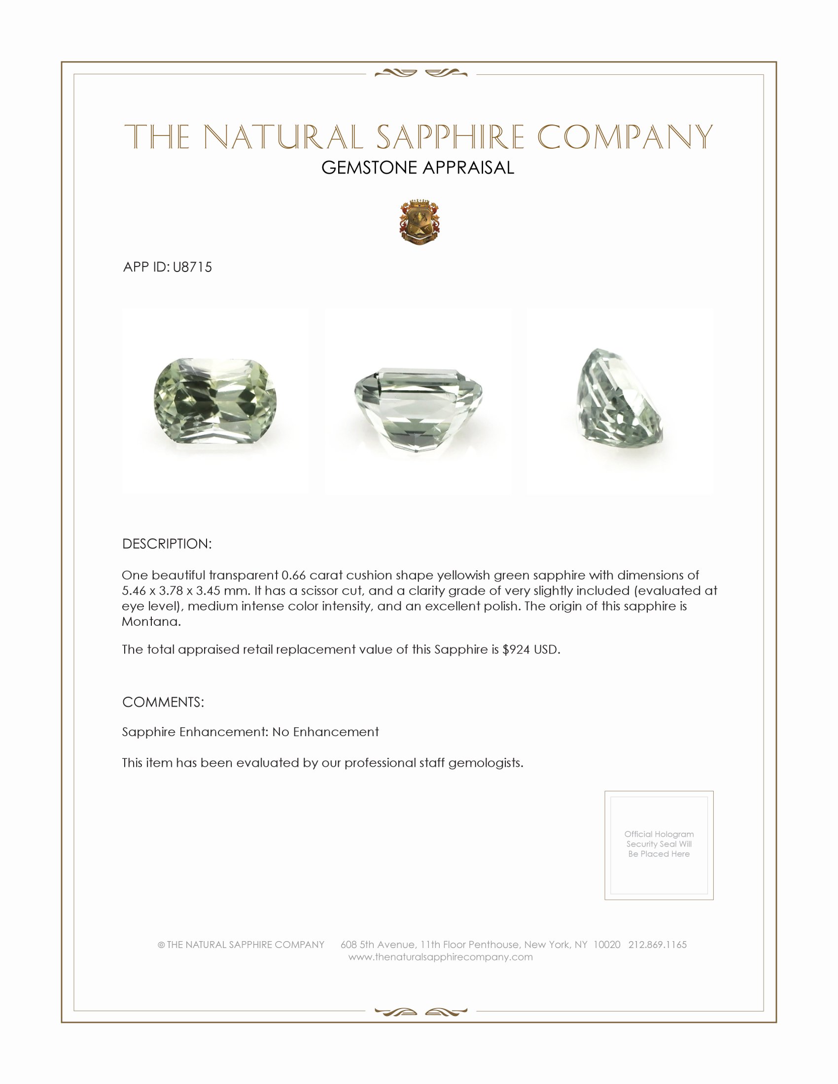 0.66 Ct. Yellowish Green Sapphire from Montana