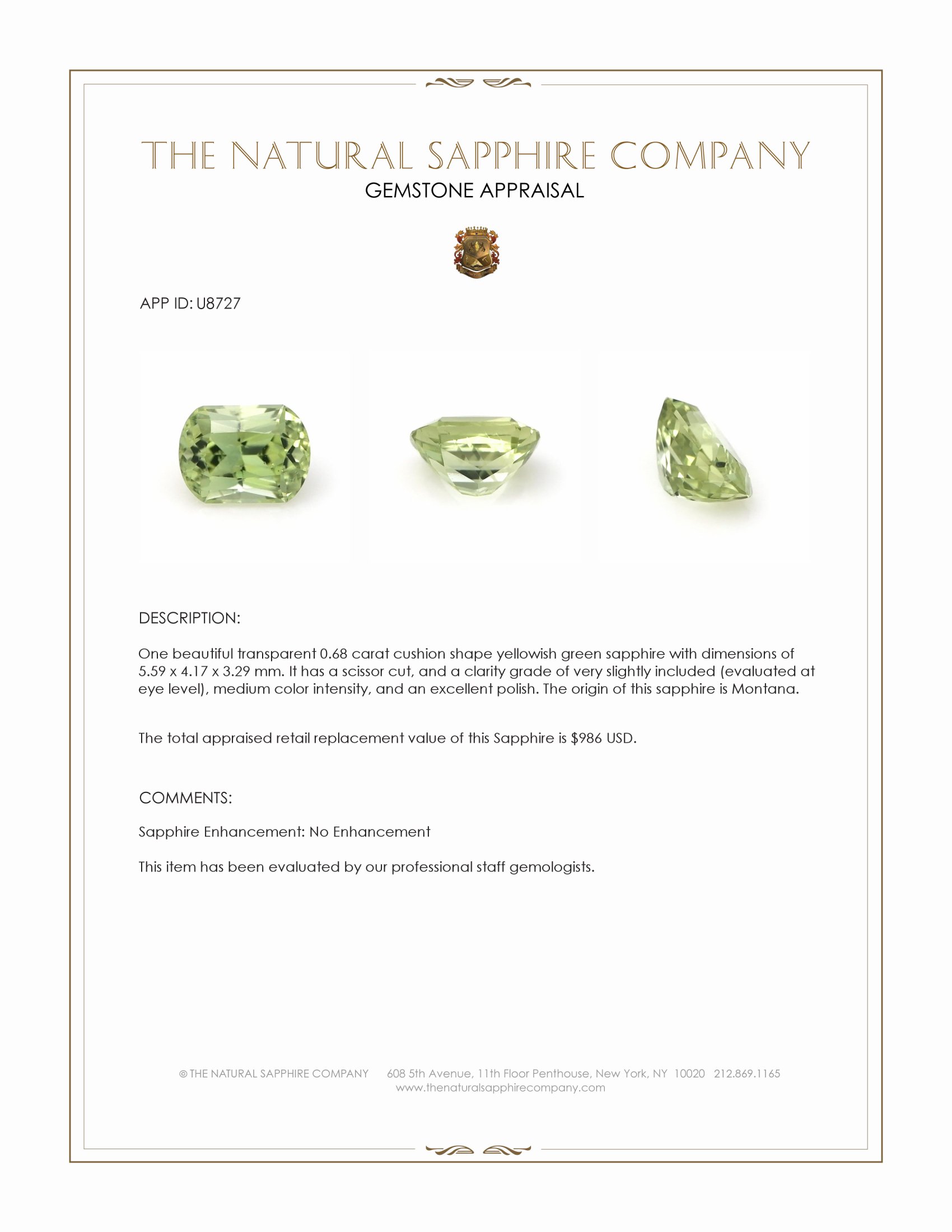 0.68 Ct. Yellowish Green Sapphire from Montana