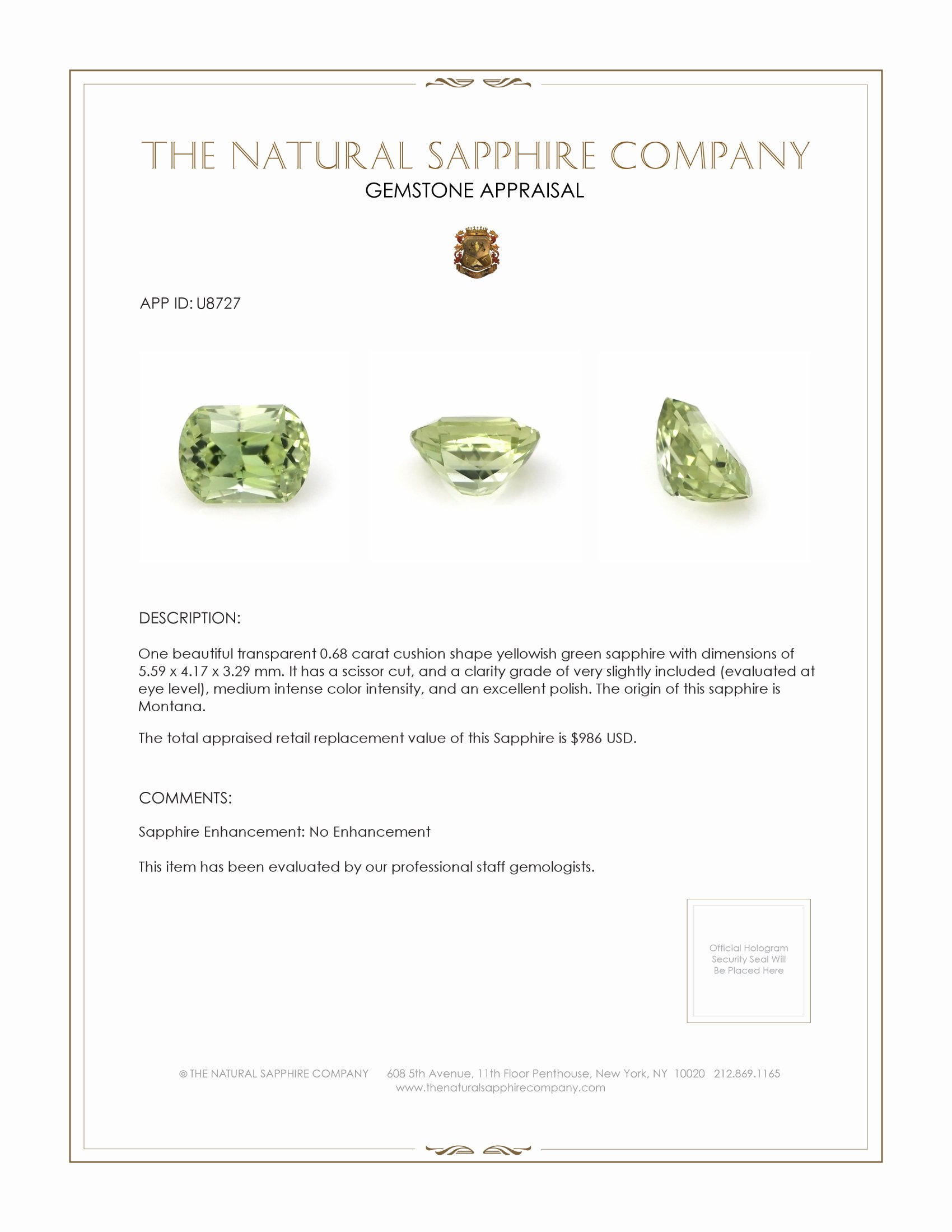 0.68 Ct. Yellowish Green Sapphire from Montana