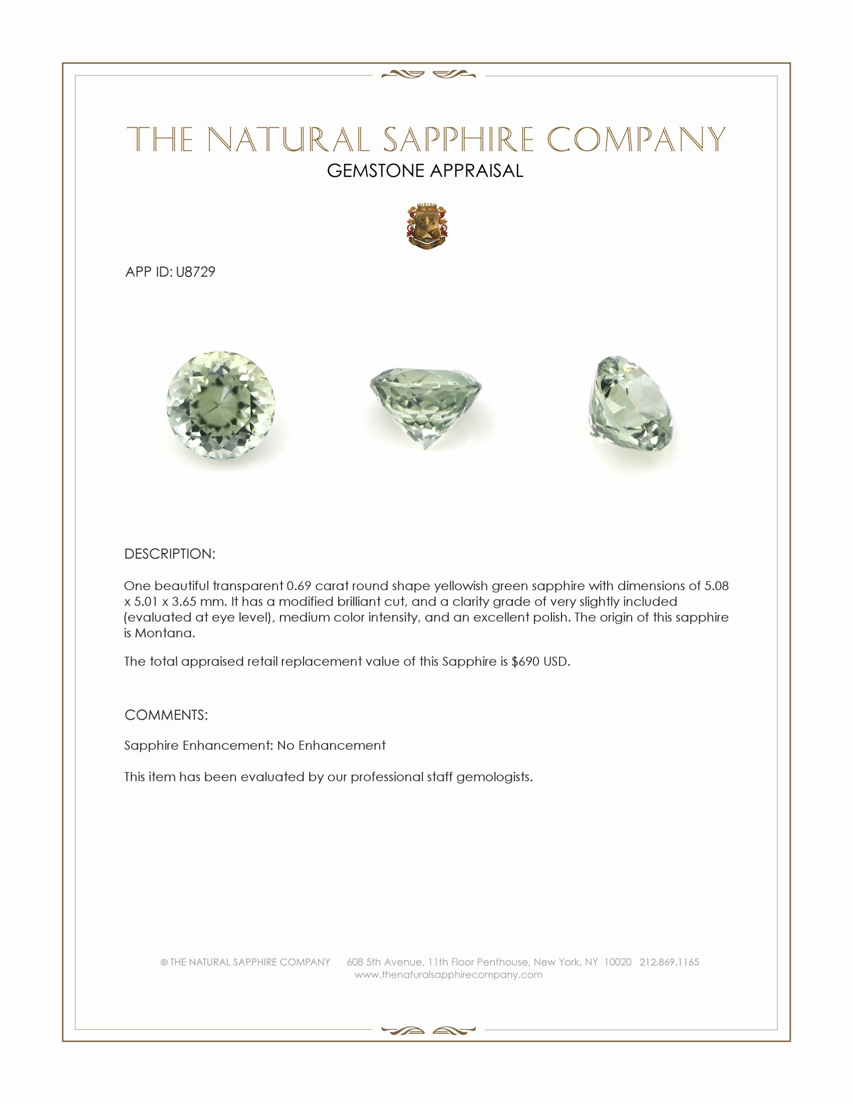 0.69 Ct. Yellowish Green Sapphire from Montana