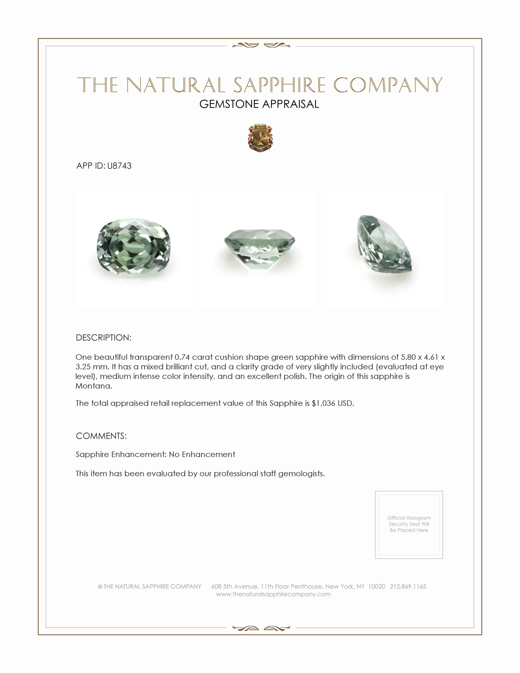0.74 Ct. Green Sapphire from Montana
