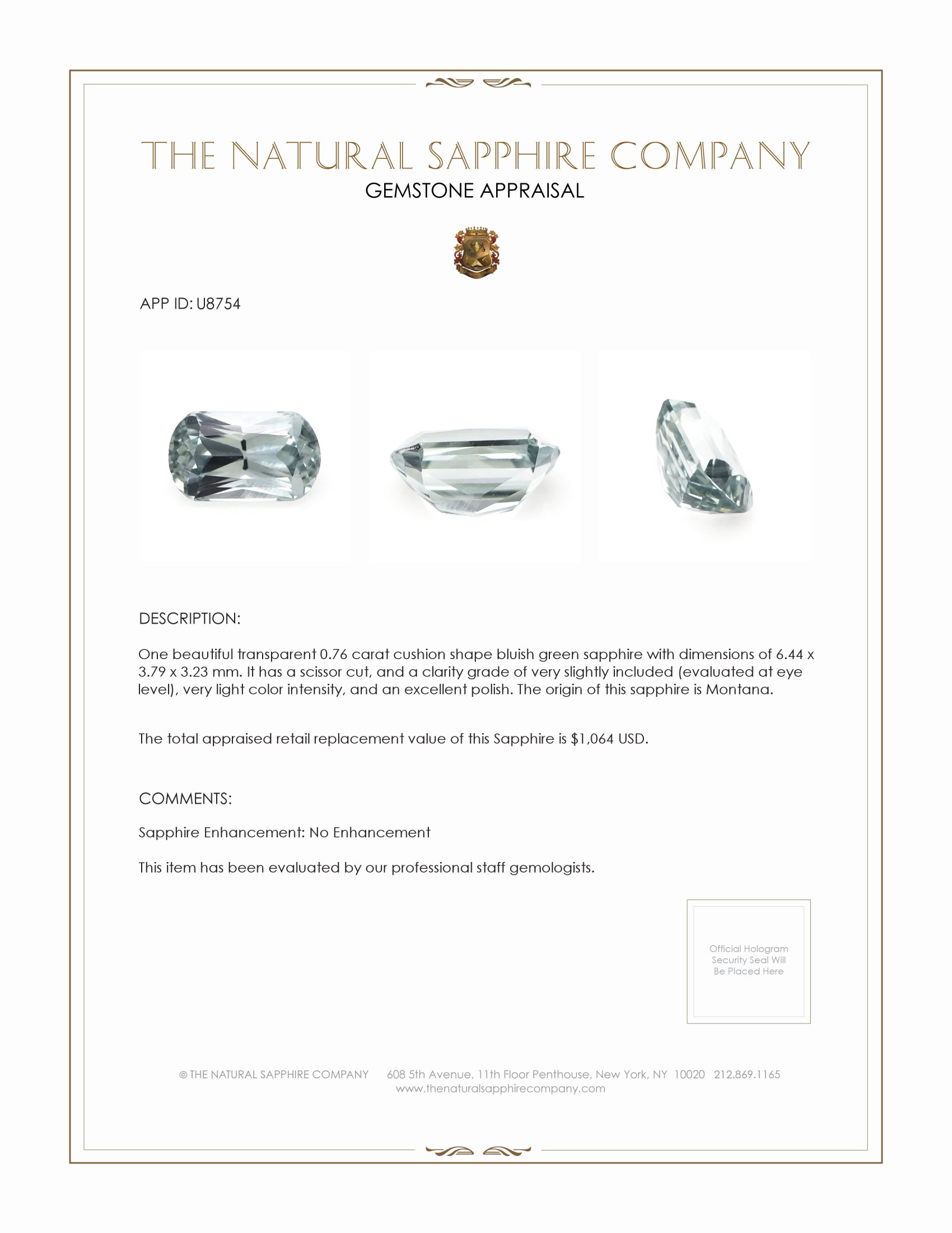 0.76 Ct. Bluish Green Sapphire from Montana