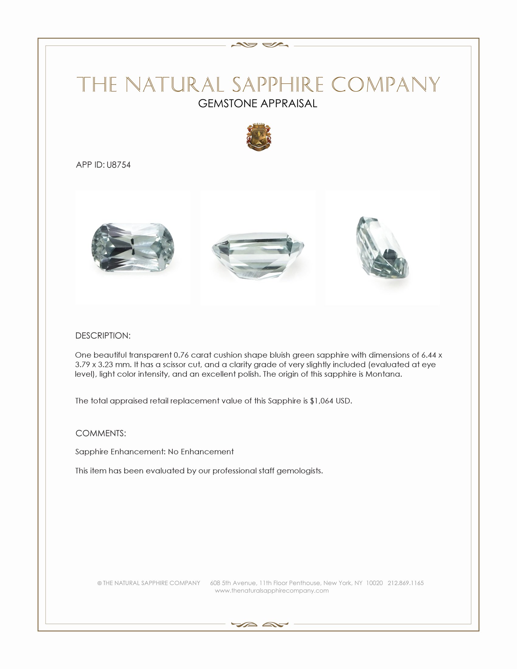 0.76 Ct. Bluish Green Sapphire from Montana