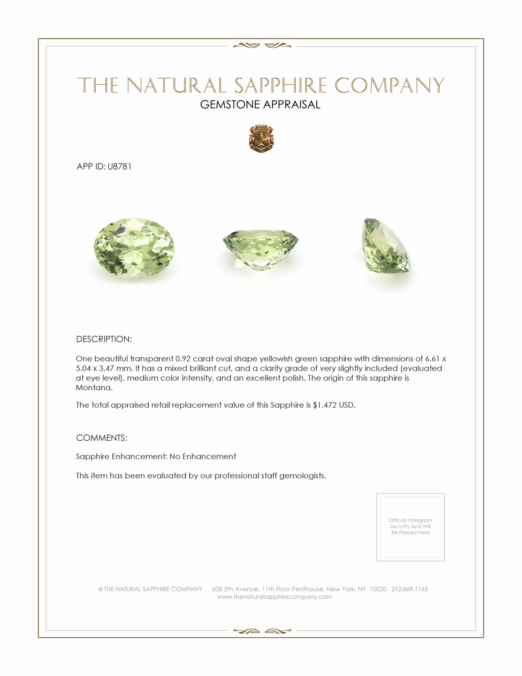 0.92 Ct. Yellowish Green Sapphire from Montana