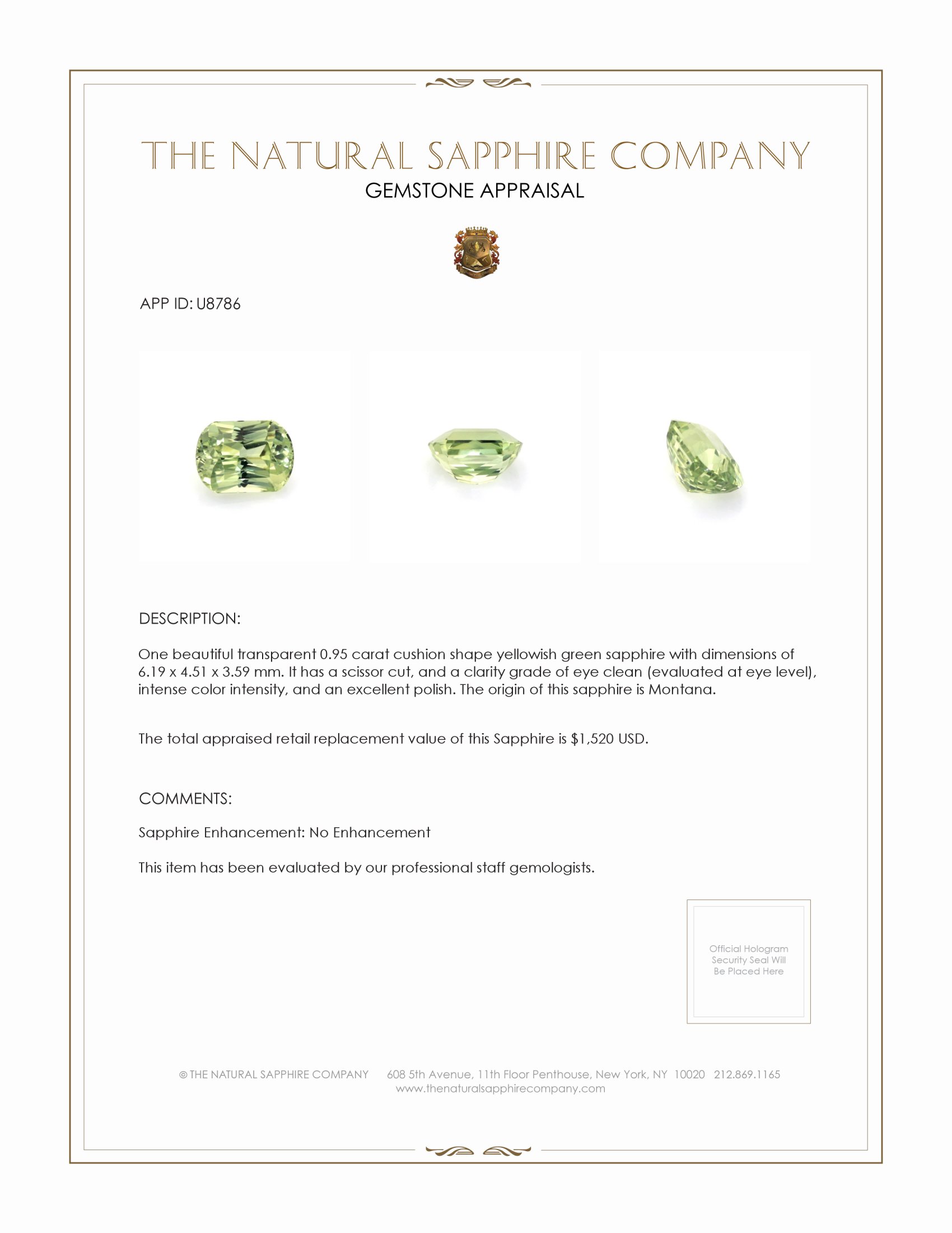 0.95 Ct. Yellowish Green Sapphire from Montana