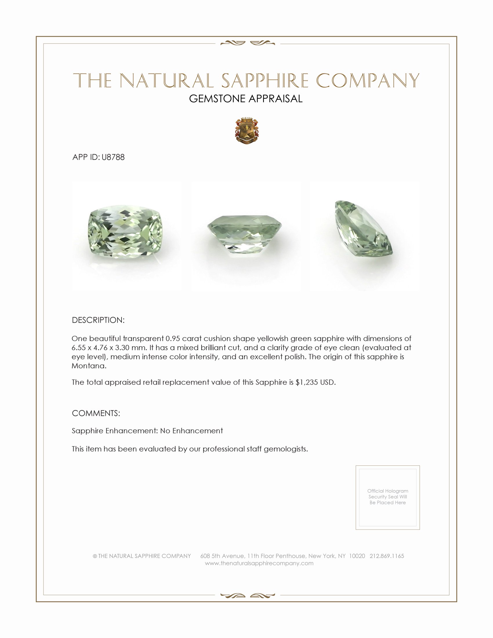0.95 Ct. Yellowish Green Sapphire from Montana