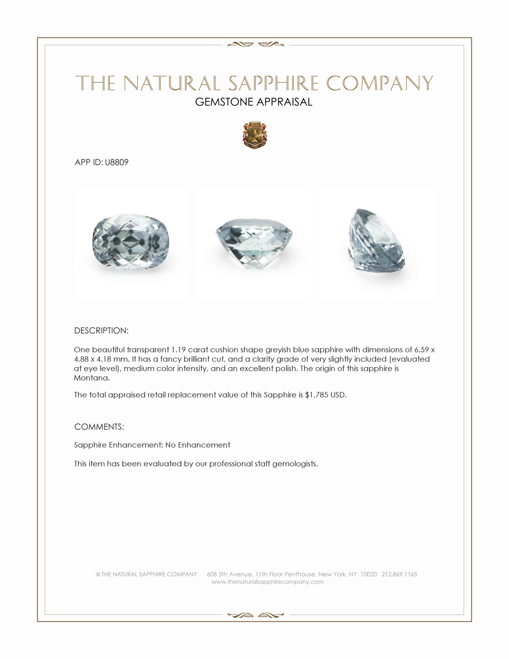 1.19 Ct. Greyish Blue Sapphire from Montana