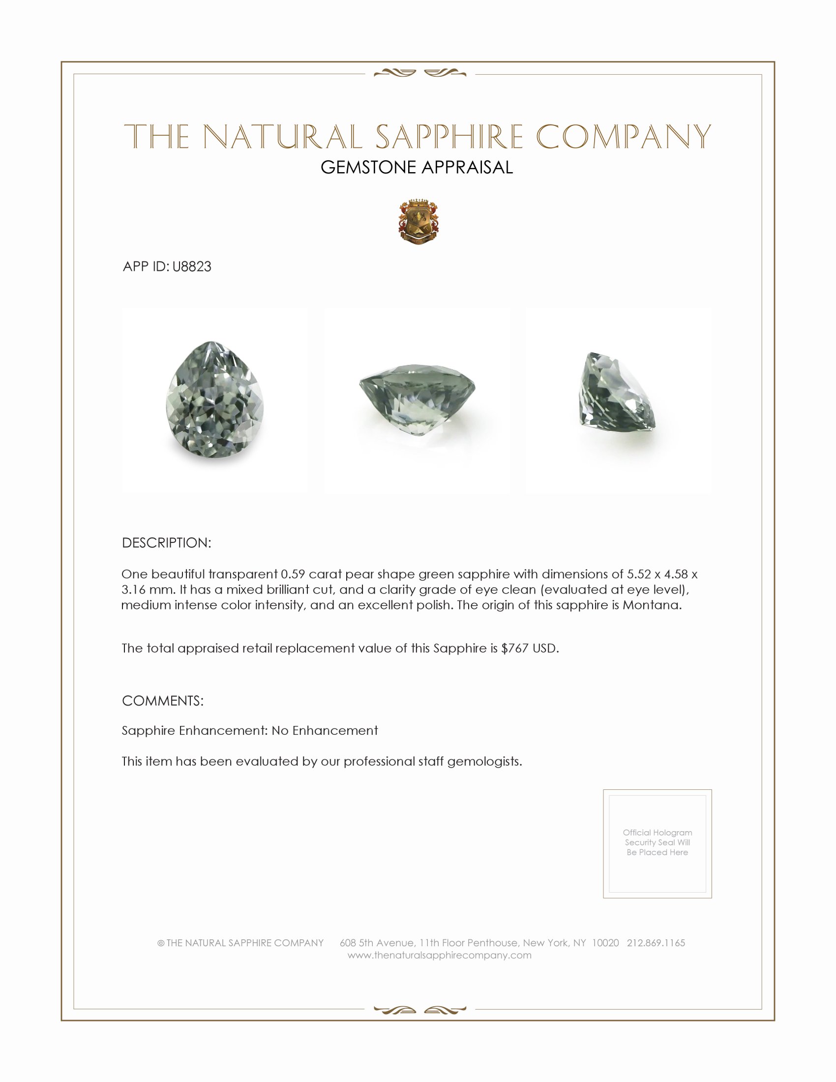 0.59 Ct. Green Sapphire from Montana