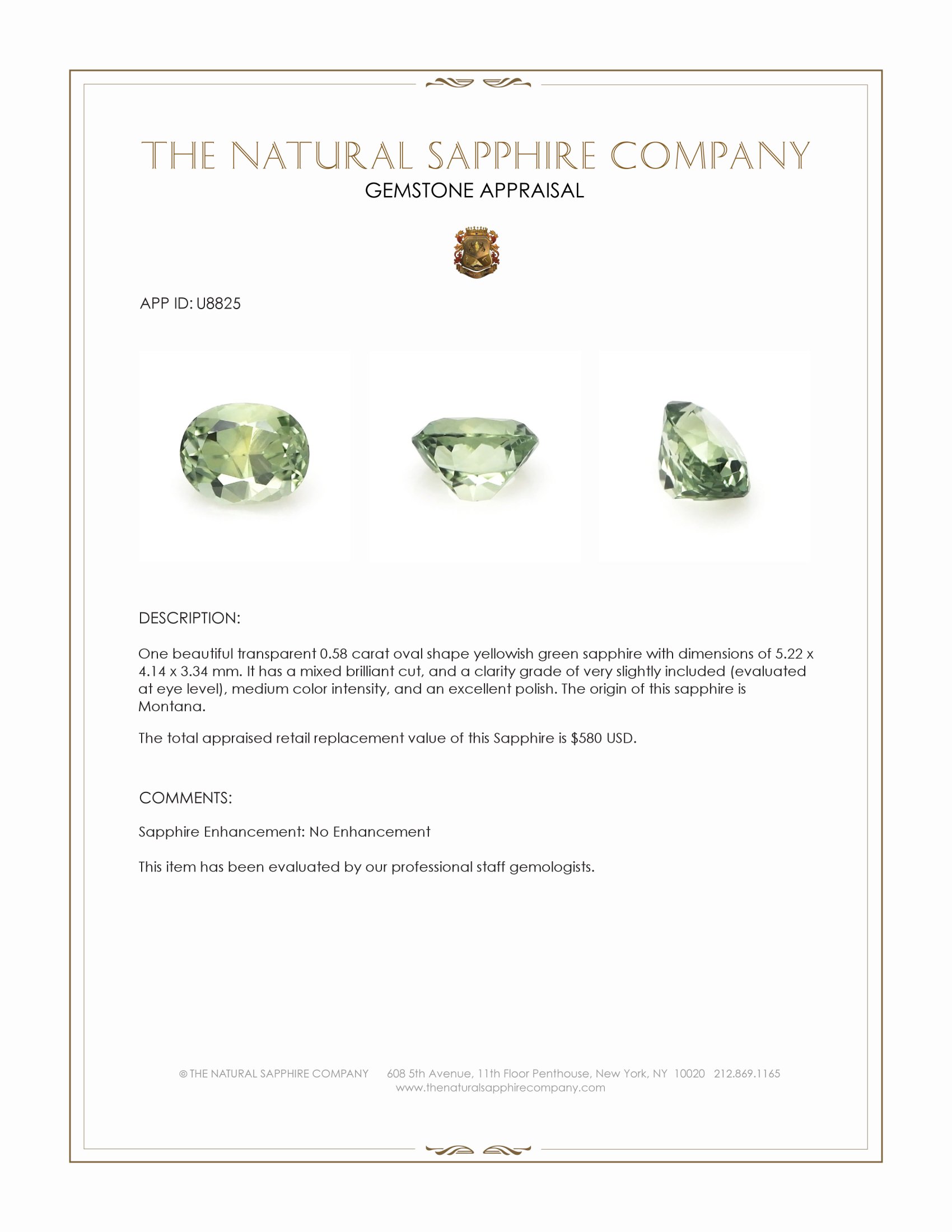 0.58 Ct. Yellowish Green Sapphire from Montana