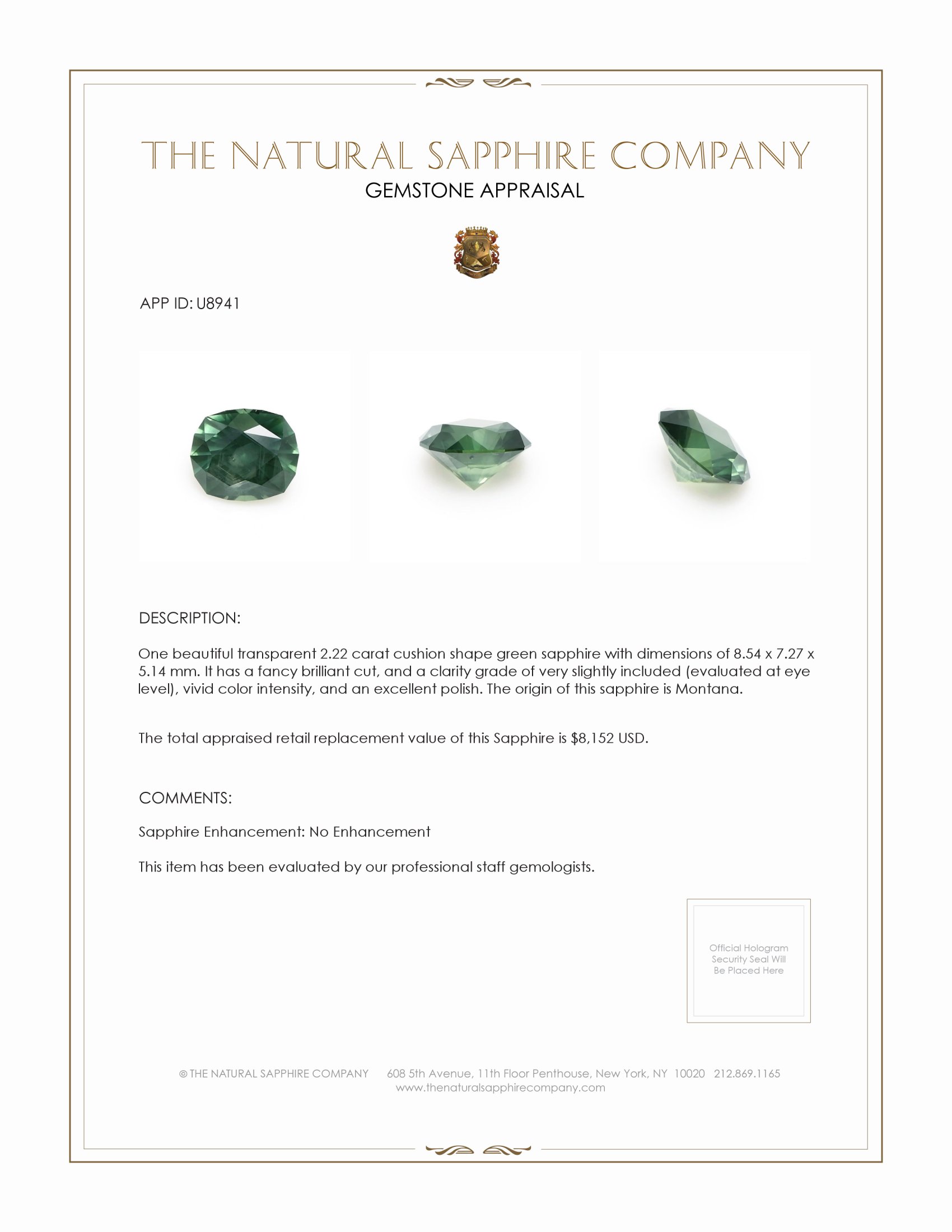 2.22 Ct. Green Sapphire from Montana