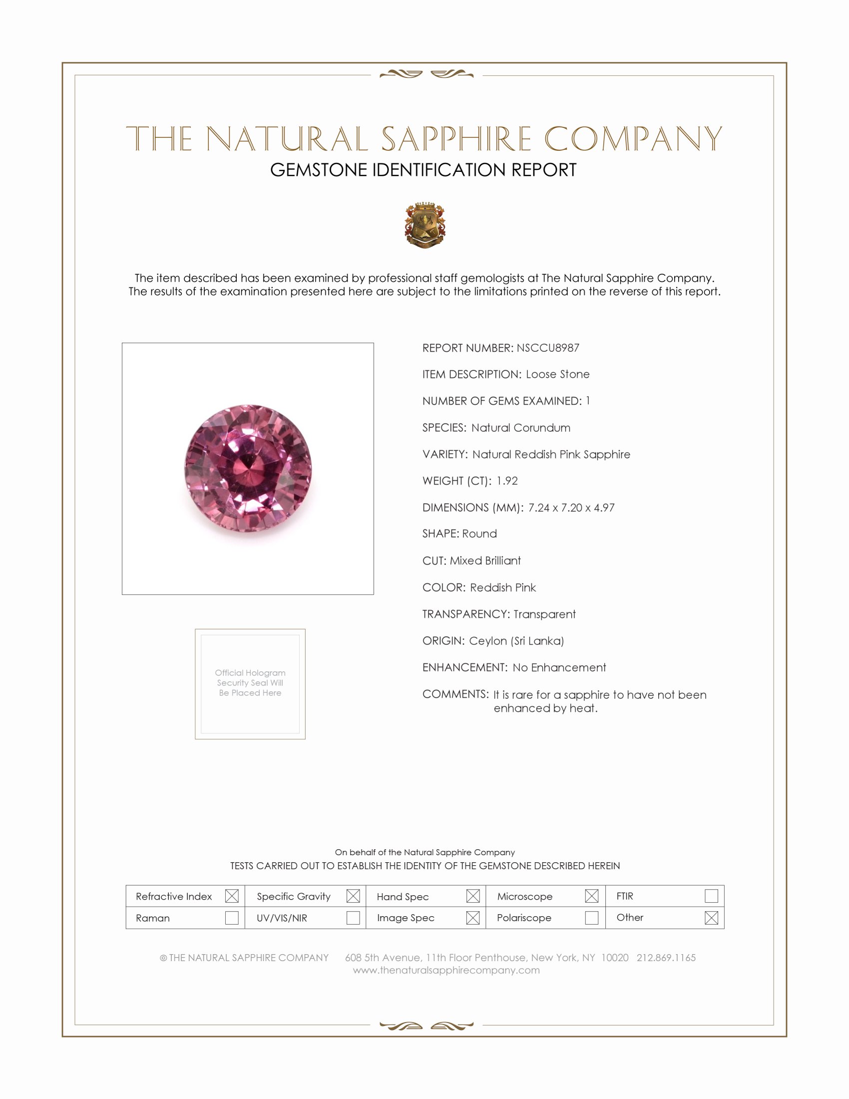 1.92 Ct. Reddish Pink Sapphire from Ceylon (Sri Lanka)