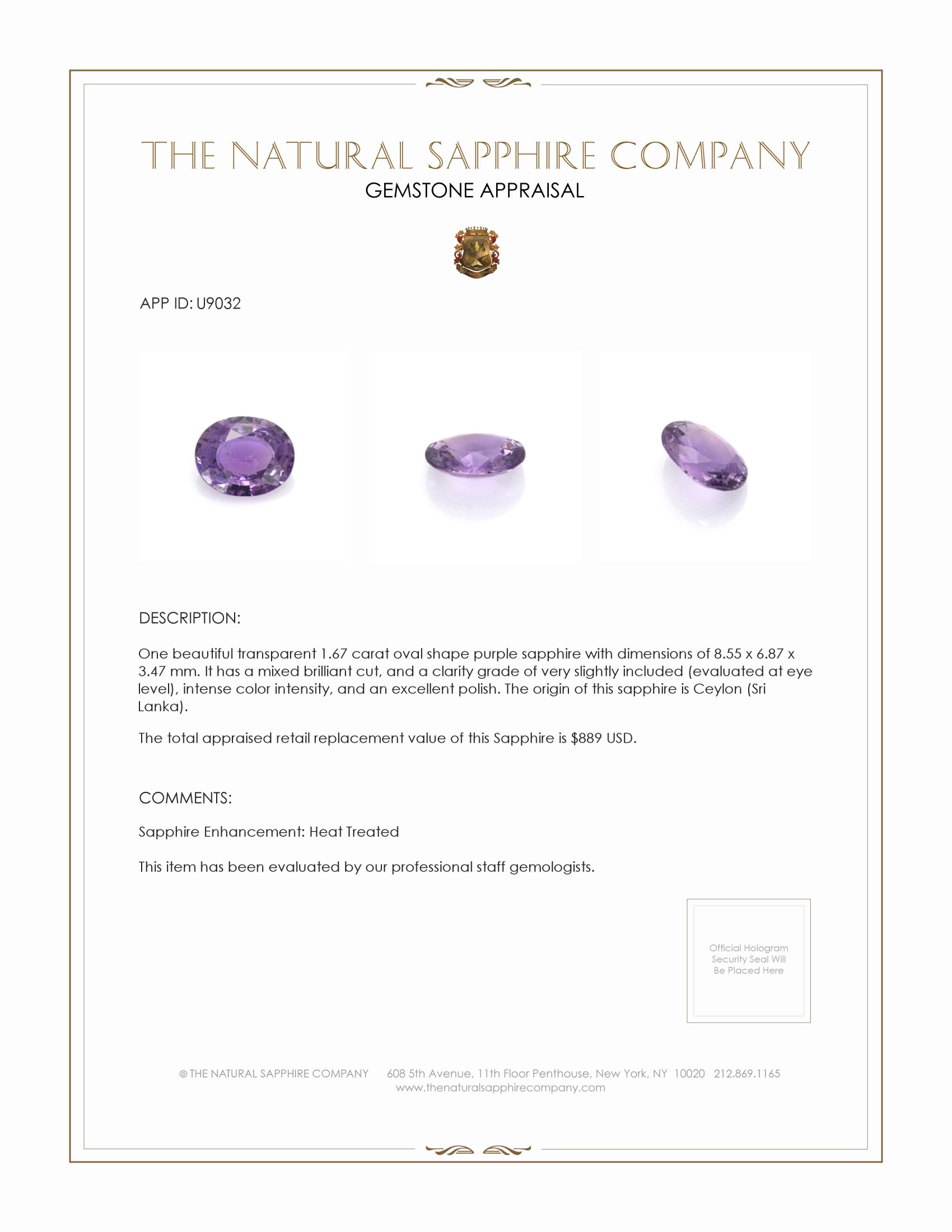 1.67 Ct. Purple Sapphire from Ceylon (Sri Lanka)
