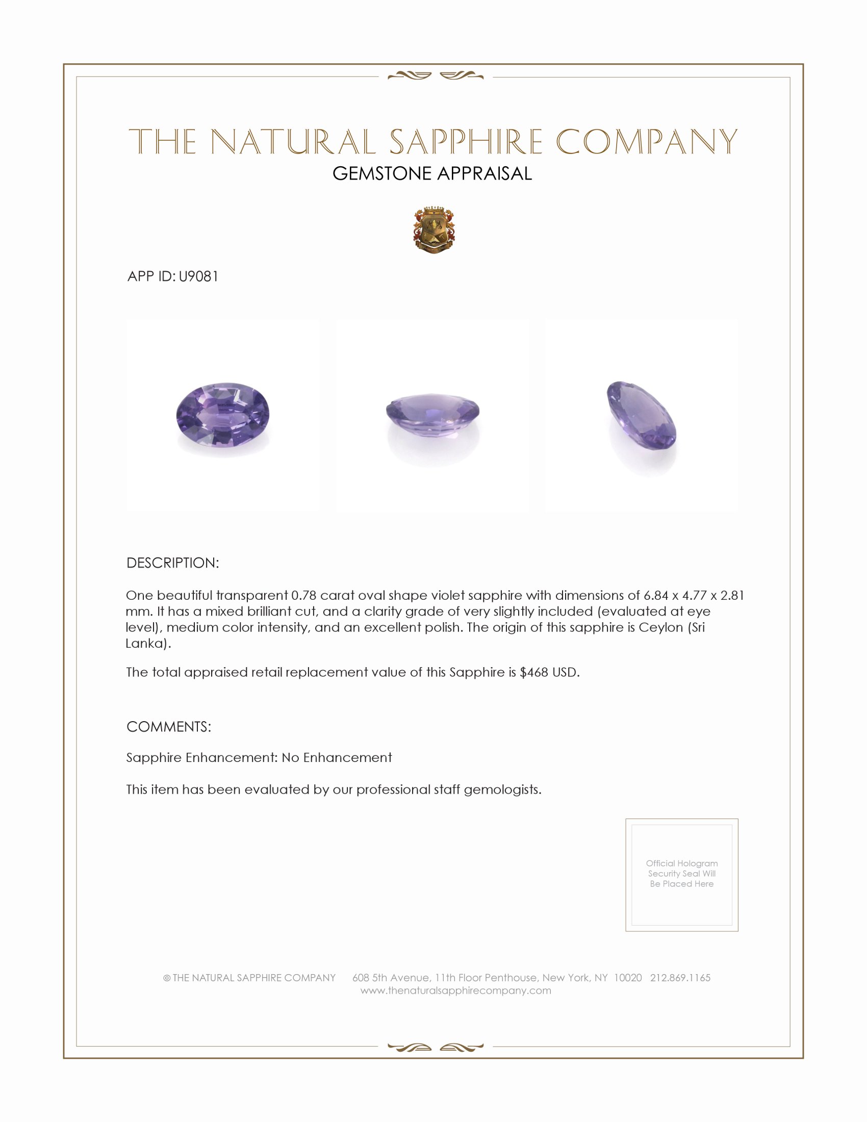 0.78 Ct. Violet Sapphire from Ceylon (Sri Lanka)