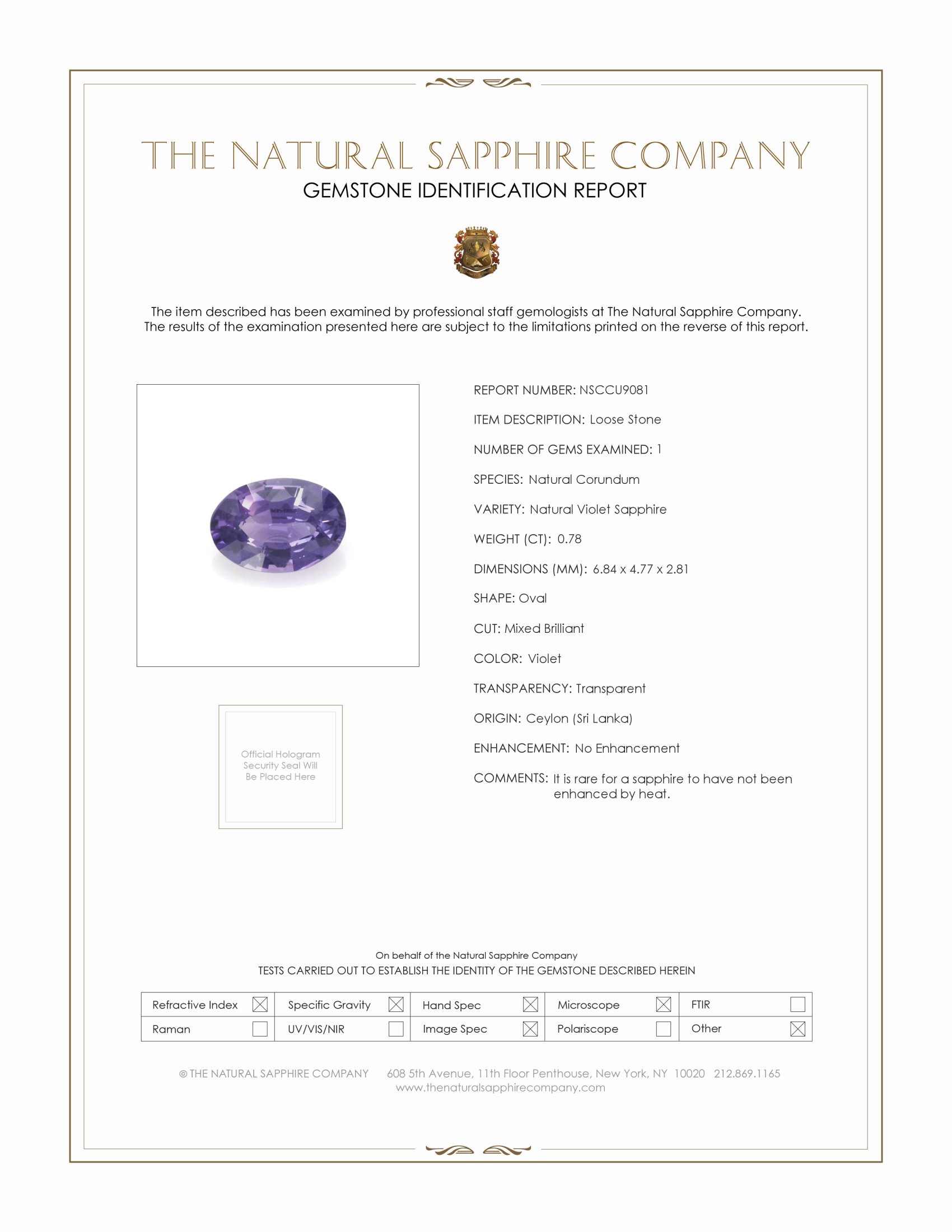 0.78 Ct. Violet Sapphire from Ceylon (Sri Lanka)