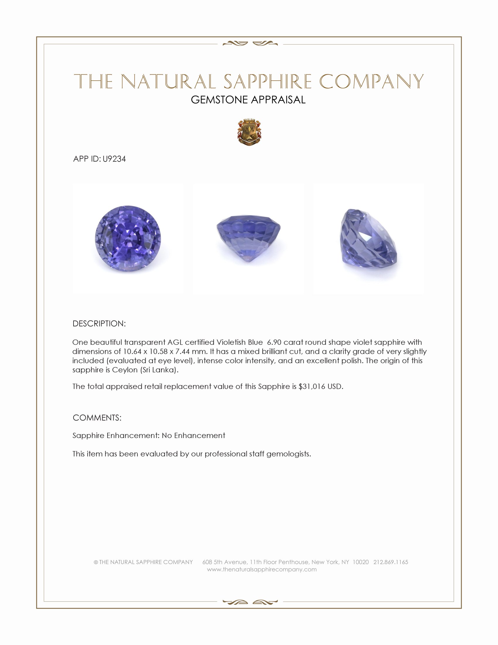 6.90 Ct. Violet Sapphire from Ceylon (Sri Lanka)