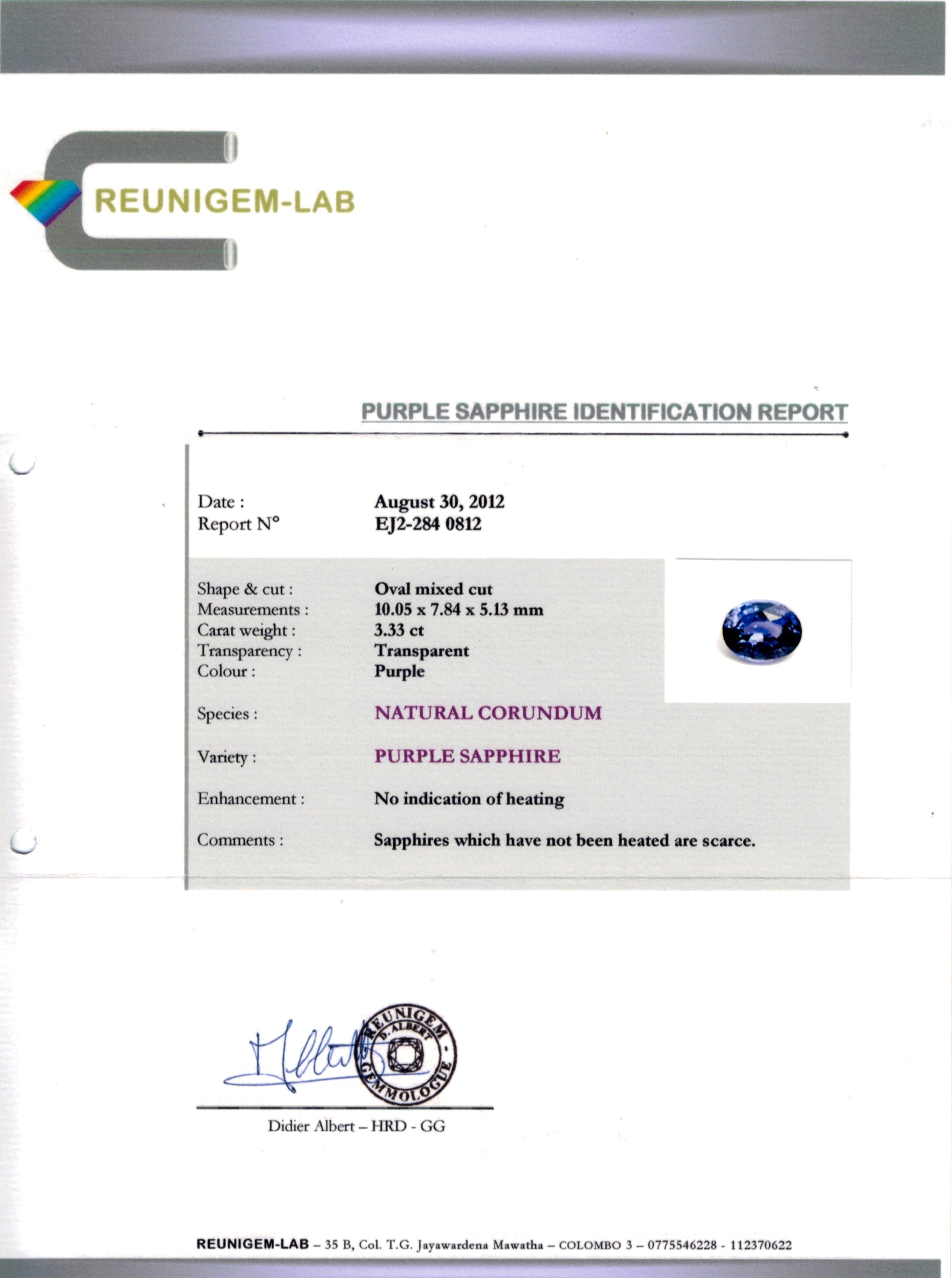 3.33 Ct. Purplish Blue Sapphire from Ceylon (Sri Lanka)