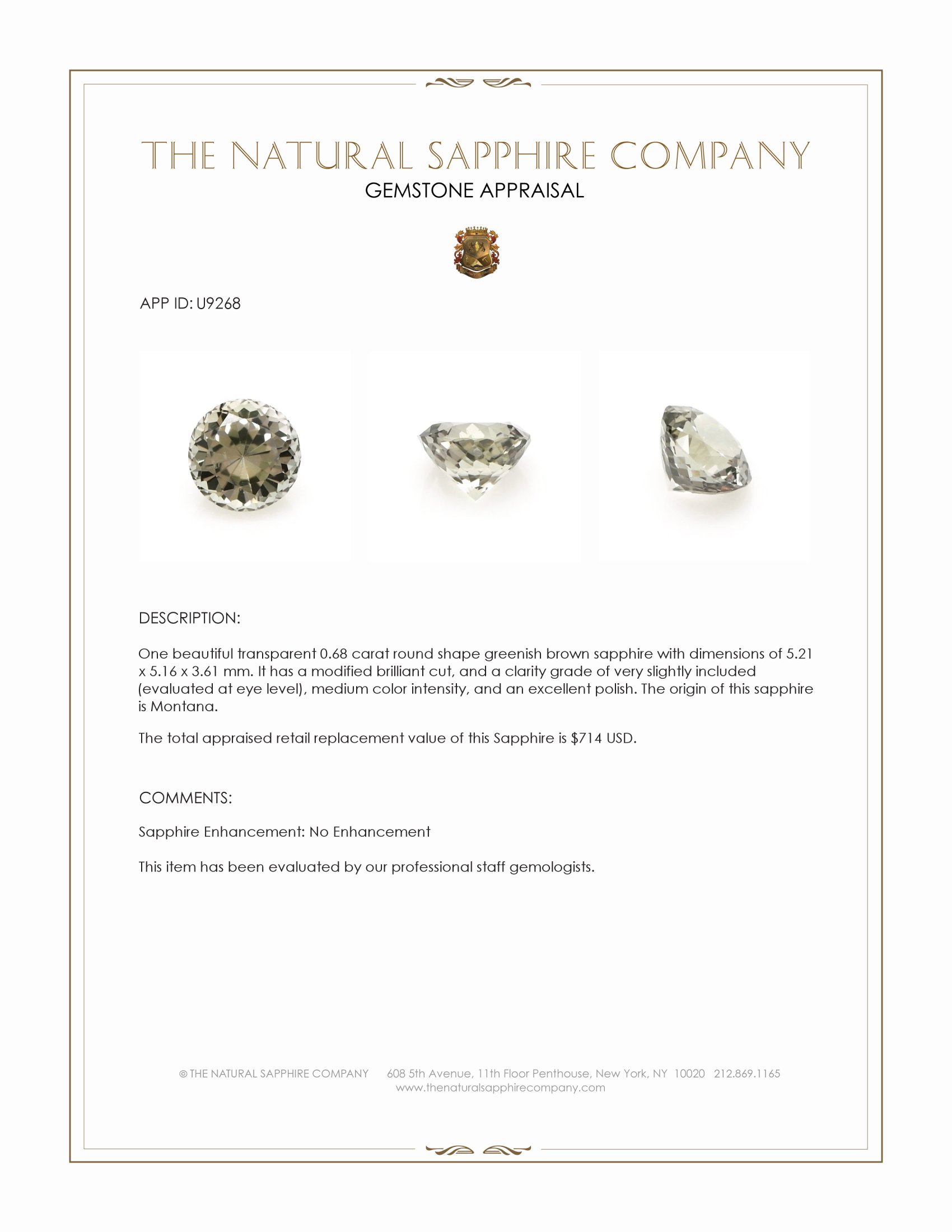 0.68 Ct. Greenish Brown Sapphire from Montana