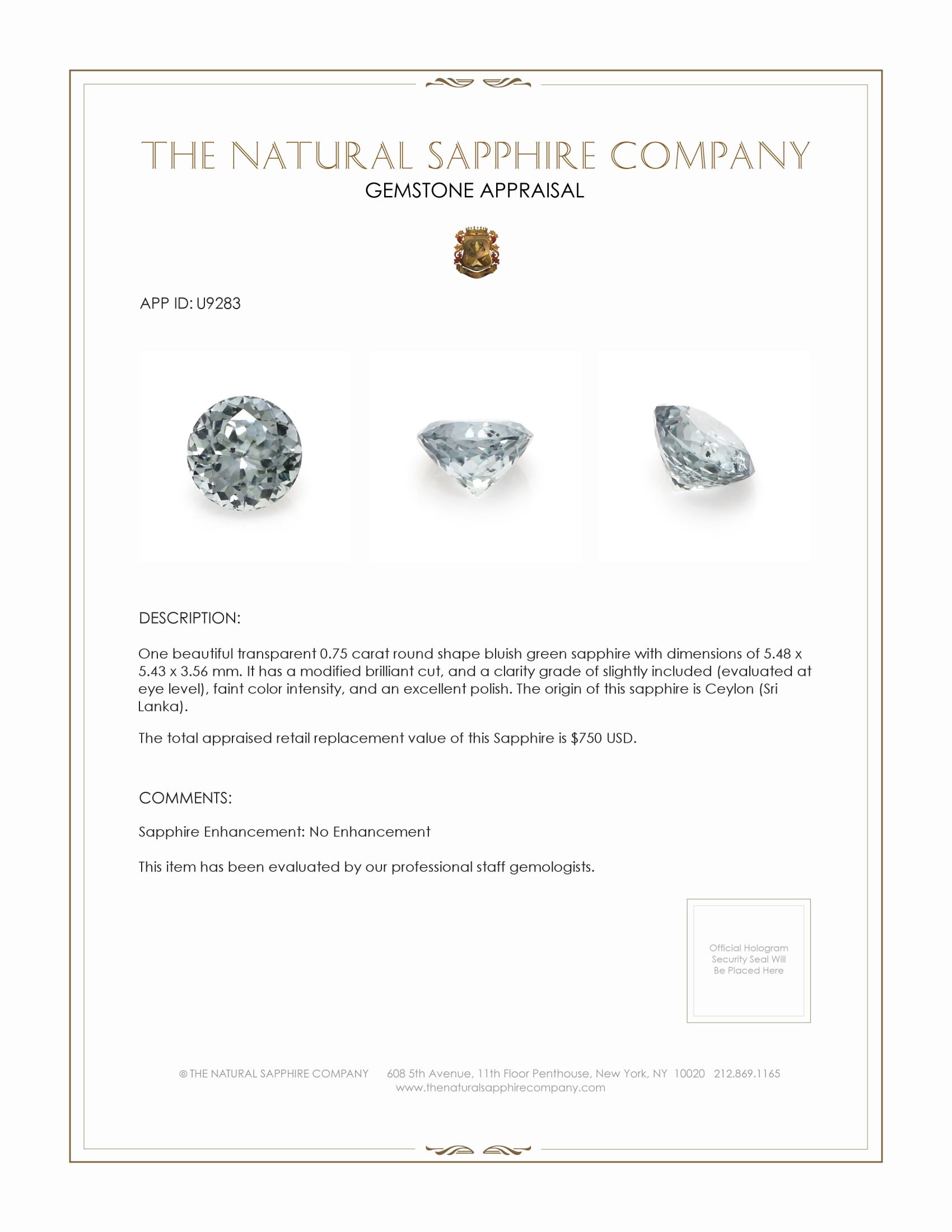 0.75 Ct. Bluish Green Sapphire from Ceylon (Sri Lanka)