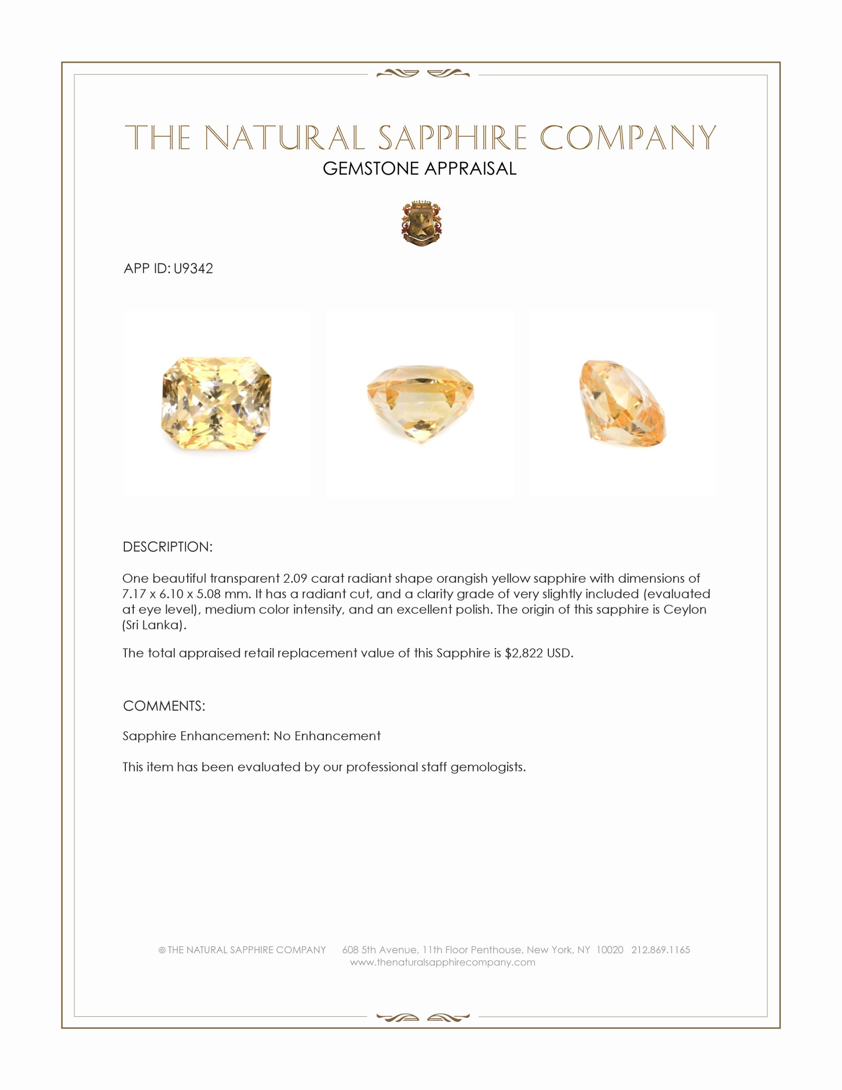 2.09 Ct. Orangish Yellow Sapphire from Ceylon (Sri Lanka)