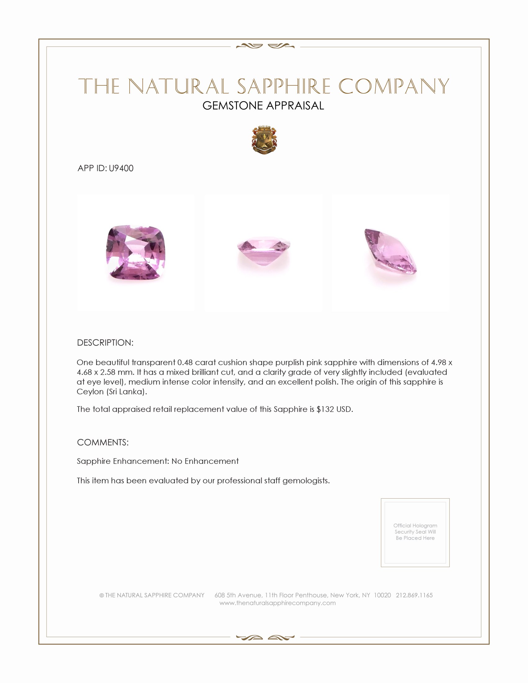 0.48 Ct. Purplish Pink Sapphire from Ceylon (Sri Lanka)
