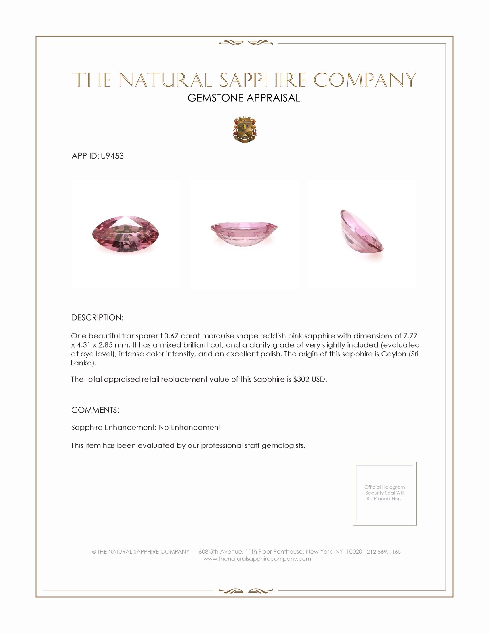0.67 Ct. Reddish Pink Sapphire from Ceylon (Sri Lanka)
