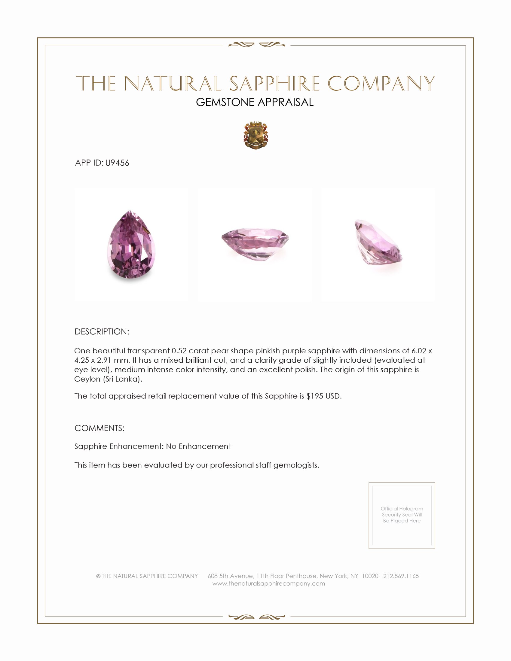 0.52 Ct. Pinkish Purple Sapphire from Ceylon (Sri Lanka)