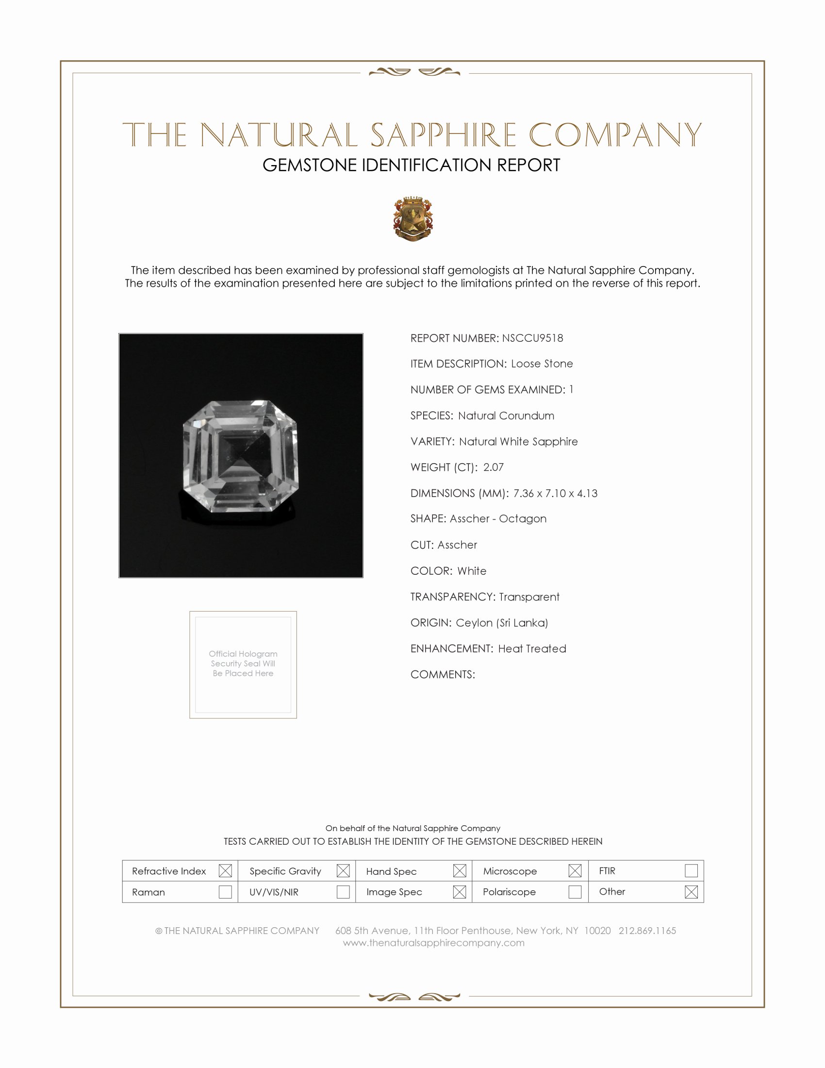 2.07 Ct. White Sapphire from Ceylon (Sri Lanka)