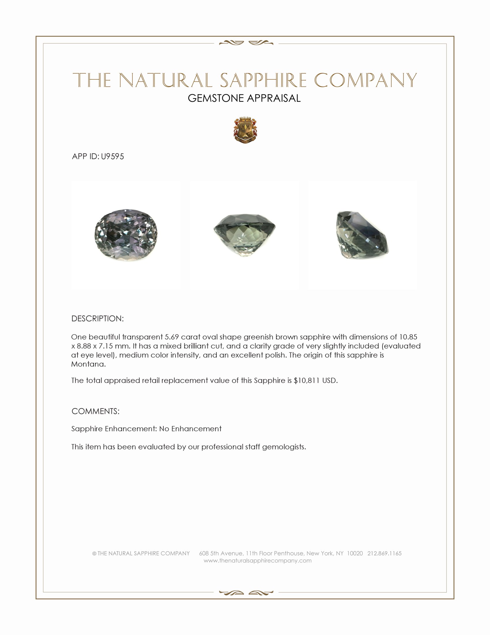 5.69 Ct. Greenish Brown Sapphire from Montana