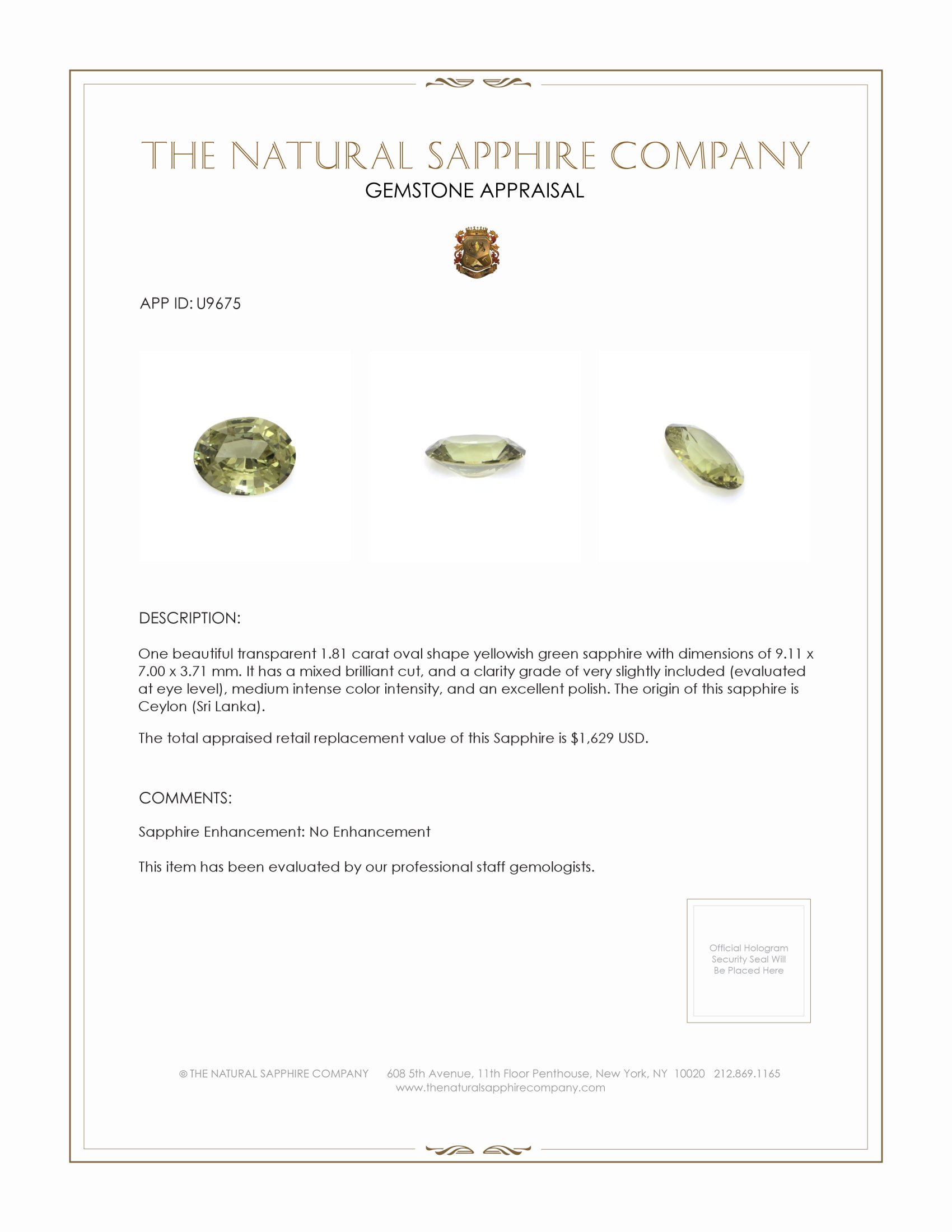 1.81 Ct. Yellowish Green Sapphire from Ceylon (Sri Lanka)
