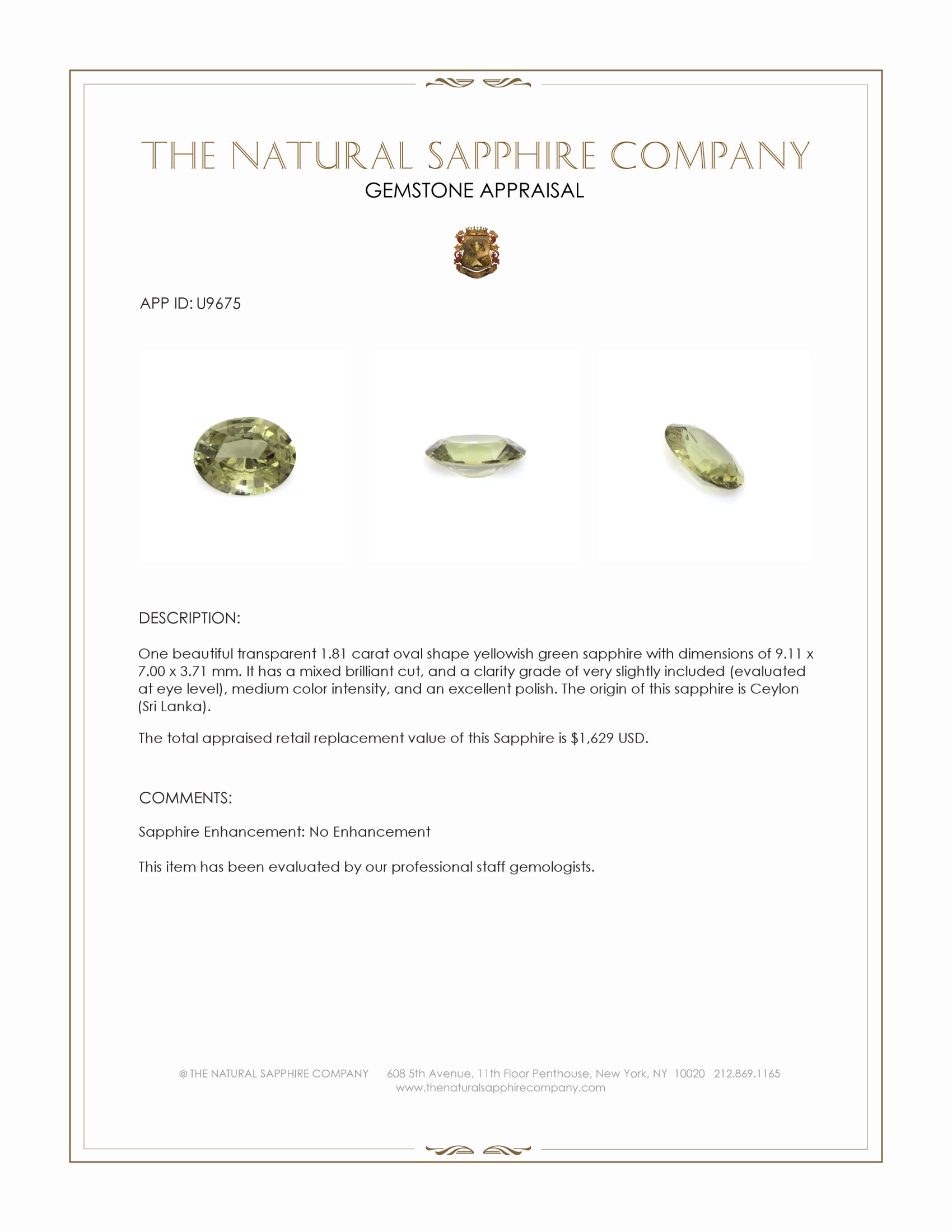 1.81 Ct. Yellowish Green Sapphire from Ceylon (Sri Lanka)