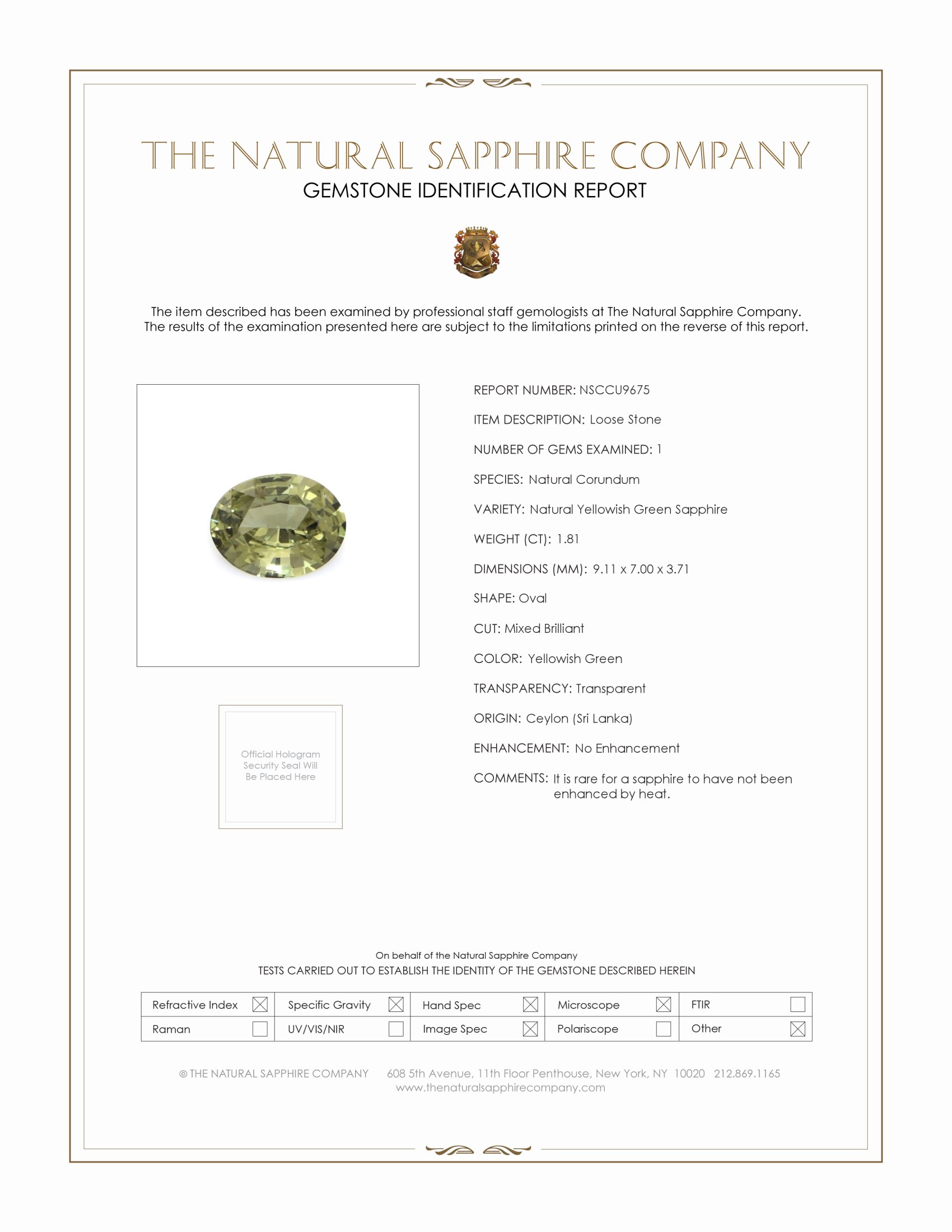 1.81 Ct. Yellowish Green Sapphire from Ceylon (Sri Lanka)