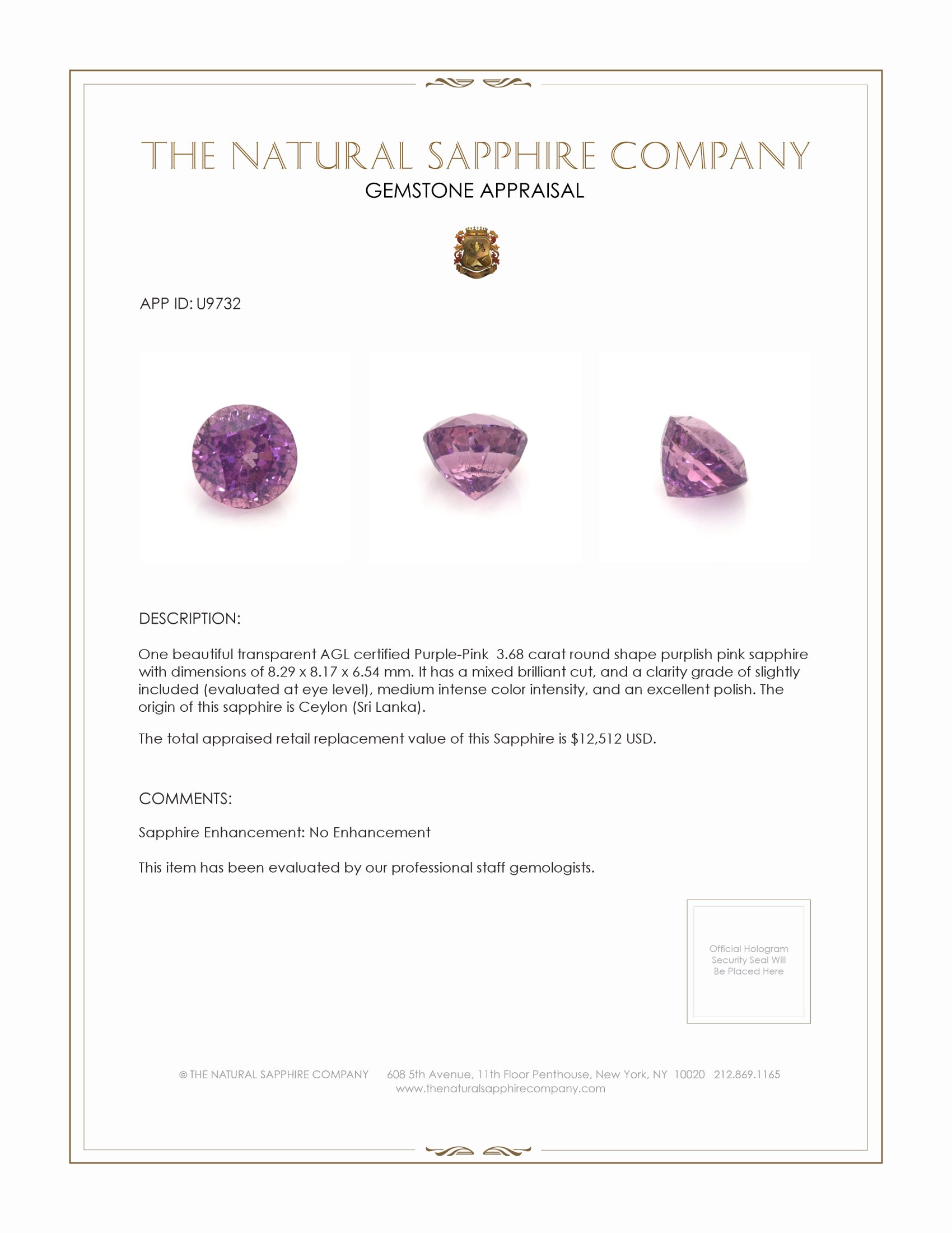 3.68 Ct. Purplish Pink Sapphire from Ceylon (Sri Lanka)