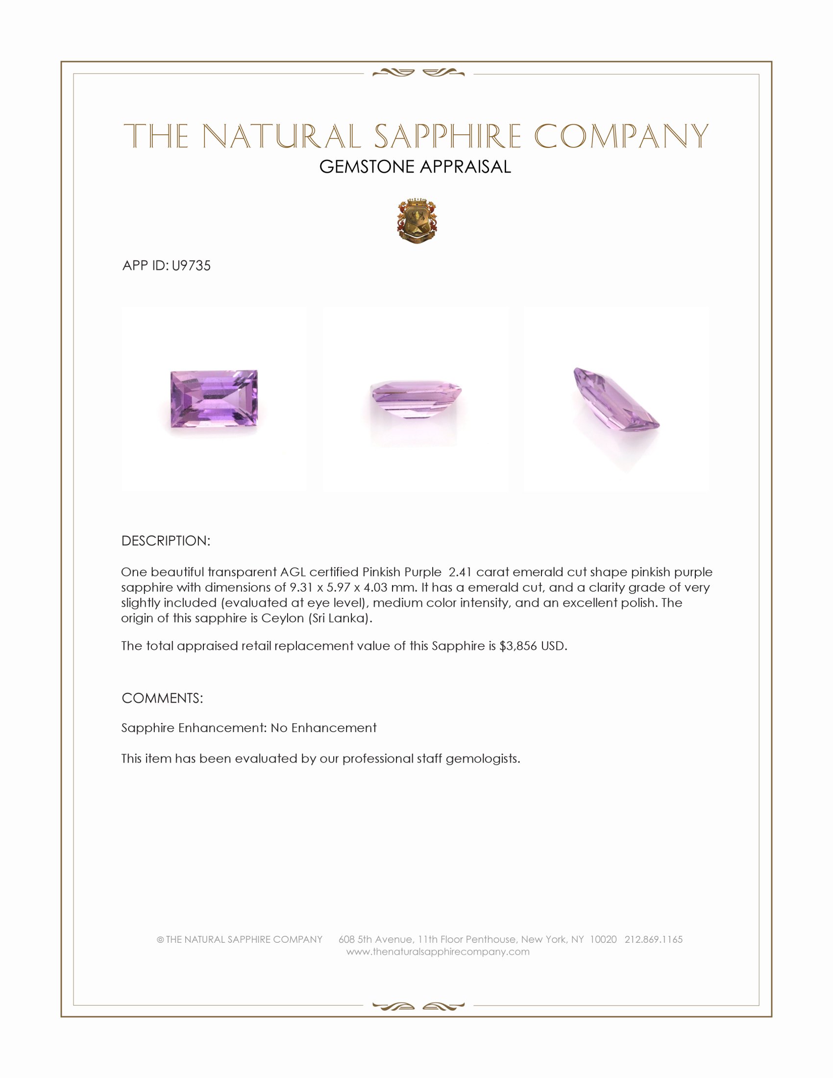 2.41 Ct. Pinkish Purple Sapphire from Ceylon (Sri Lanka)